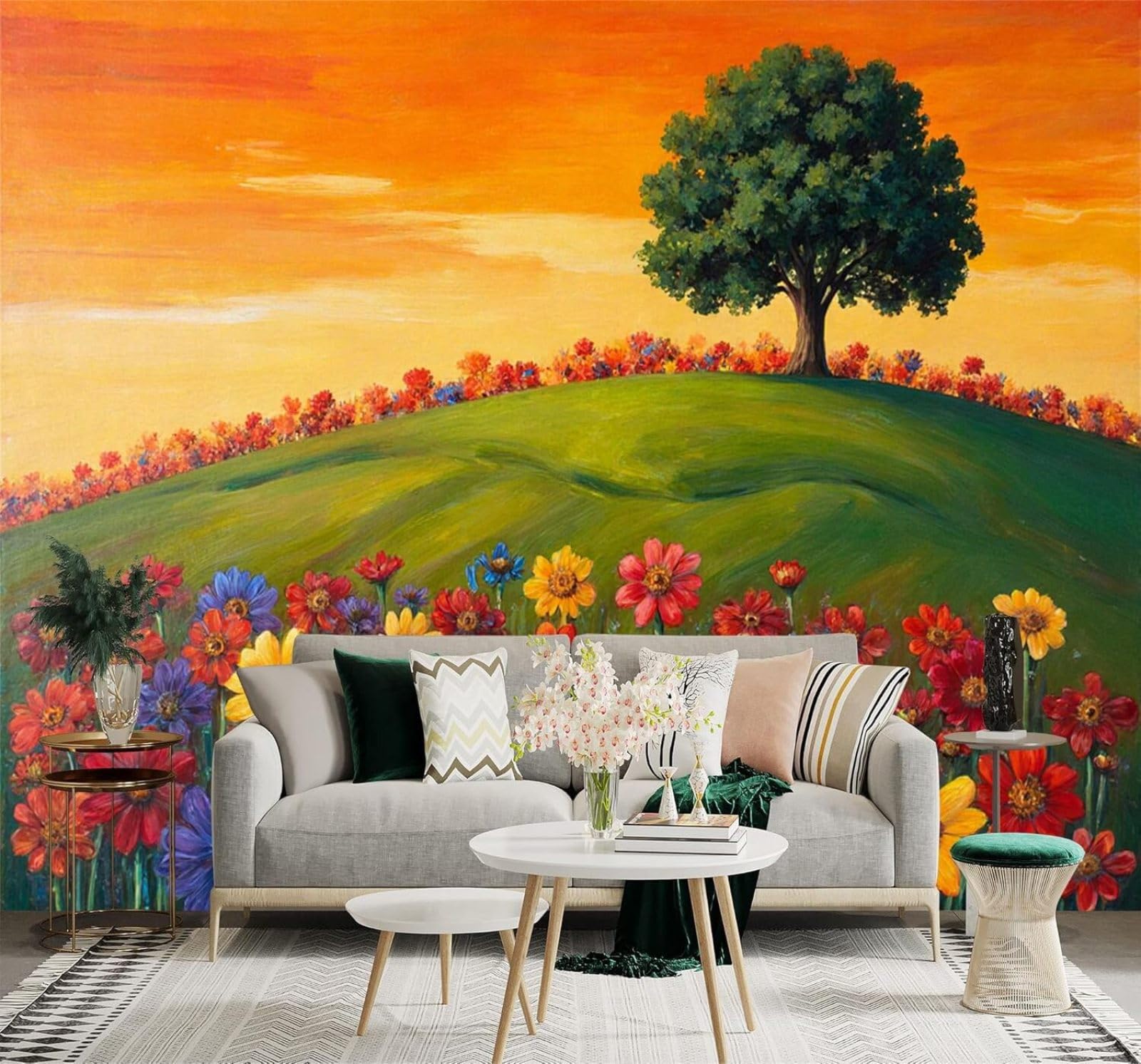 Xlming 300Cm×210Cm(B×H) Hand Drawn Colourful Flower Fields Green Hills Trees Sunset 3D Wallpaper Silky Texture Home Study Office Grey Dining Room Sofa Bedroom Living Room Tv Backdrop-300Cm×210Cm