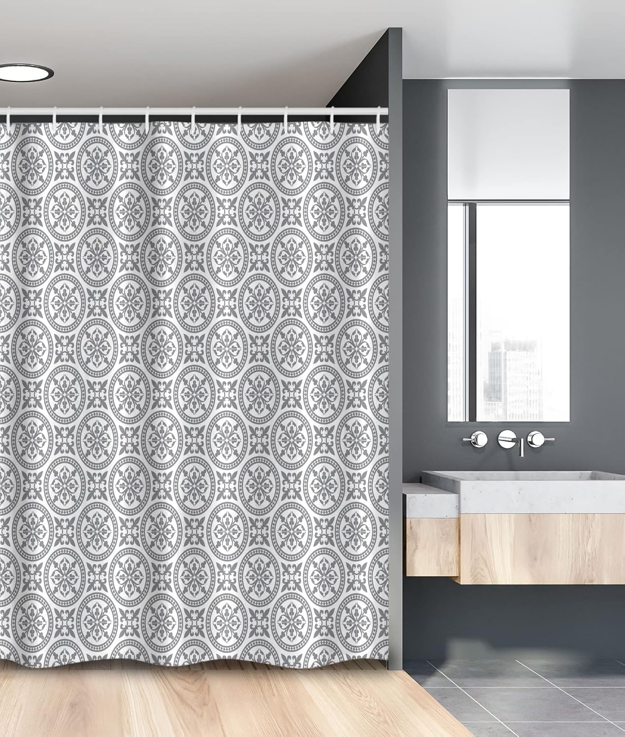 Ambesonne Grey Stall Shower Curtain, Antique Ornate Oriental Floral Motifs Retro Pattern in Modern Graphic Boho Art, Fabric Bathroom Decor Set with Hooks, 54" W x 78" L, Grey White