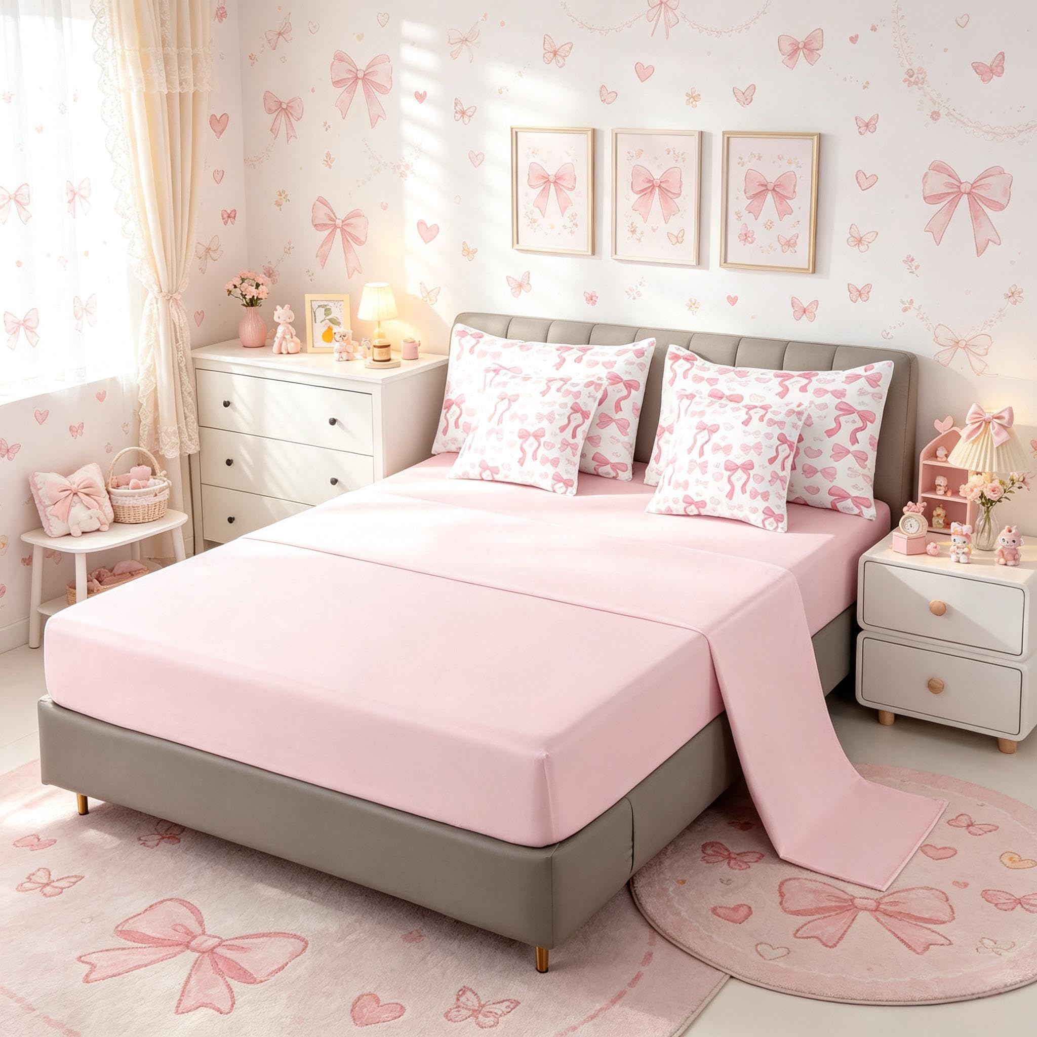 Homemissing Rosa Coquette Bow Lenzuola con arredamento letto camera da letto, carino Bowknot Letto Trapuntato bambini Bow Piumino Letto con lenzuola 7 pezzi 135x200cm Kawaii principessa microfibra