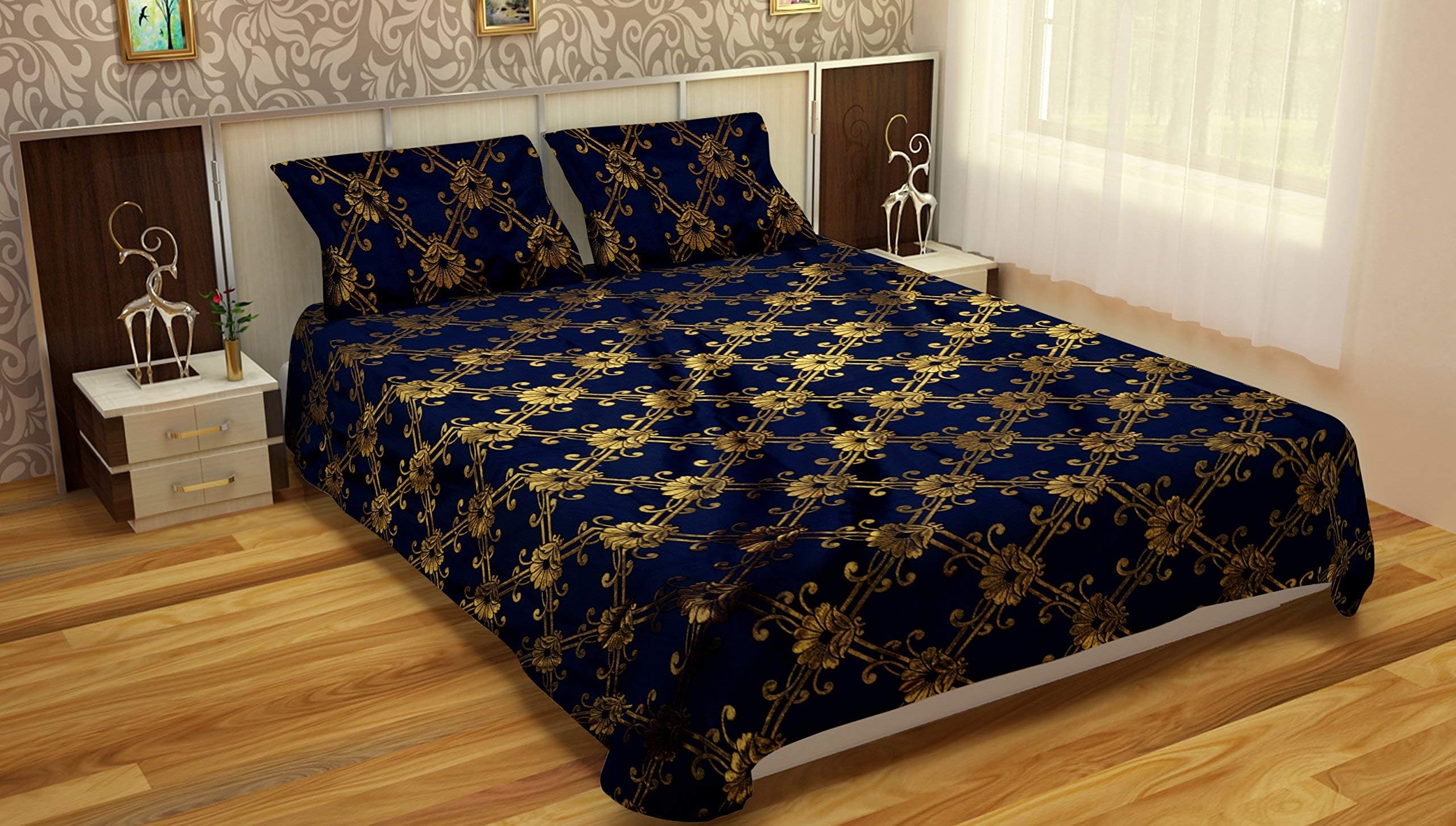 Perfect Deal Silk 200 TC Bedsheet (Double ,Blue & Golden, Floral)