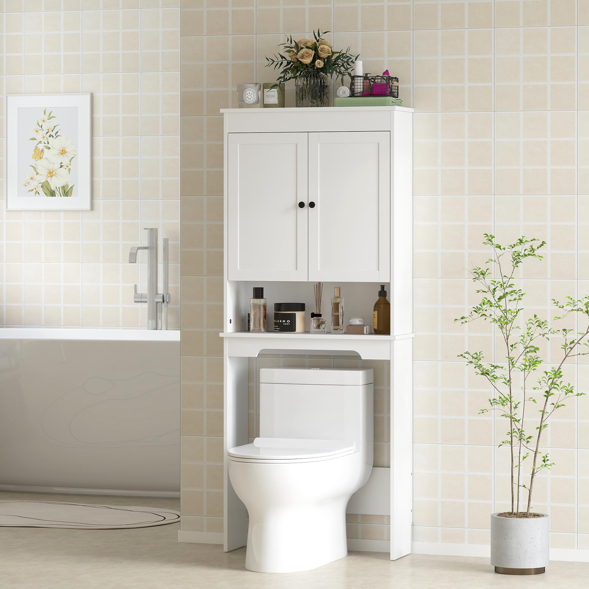 HOMCOM Mobile Sopra WC con 2 Mensole Chiuse, Ripiano Aperto e Soft Close, Mobile Contenitore Salvaspazio in Legno, Scaffale Sopra WC, 65x22x161 cm, Bianco