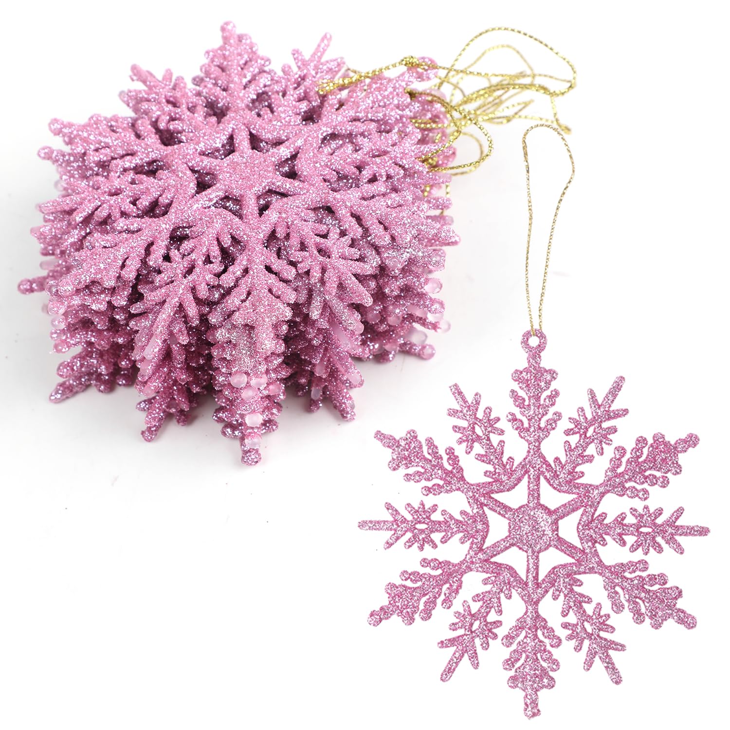 VEYLIN Christmas Hanging Decorations, 12PCS Glitter Snowflake Ornaments for Trees (Pink)