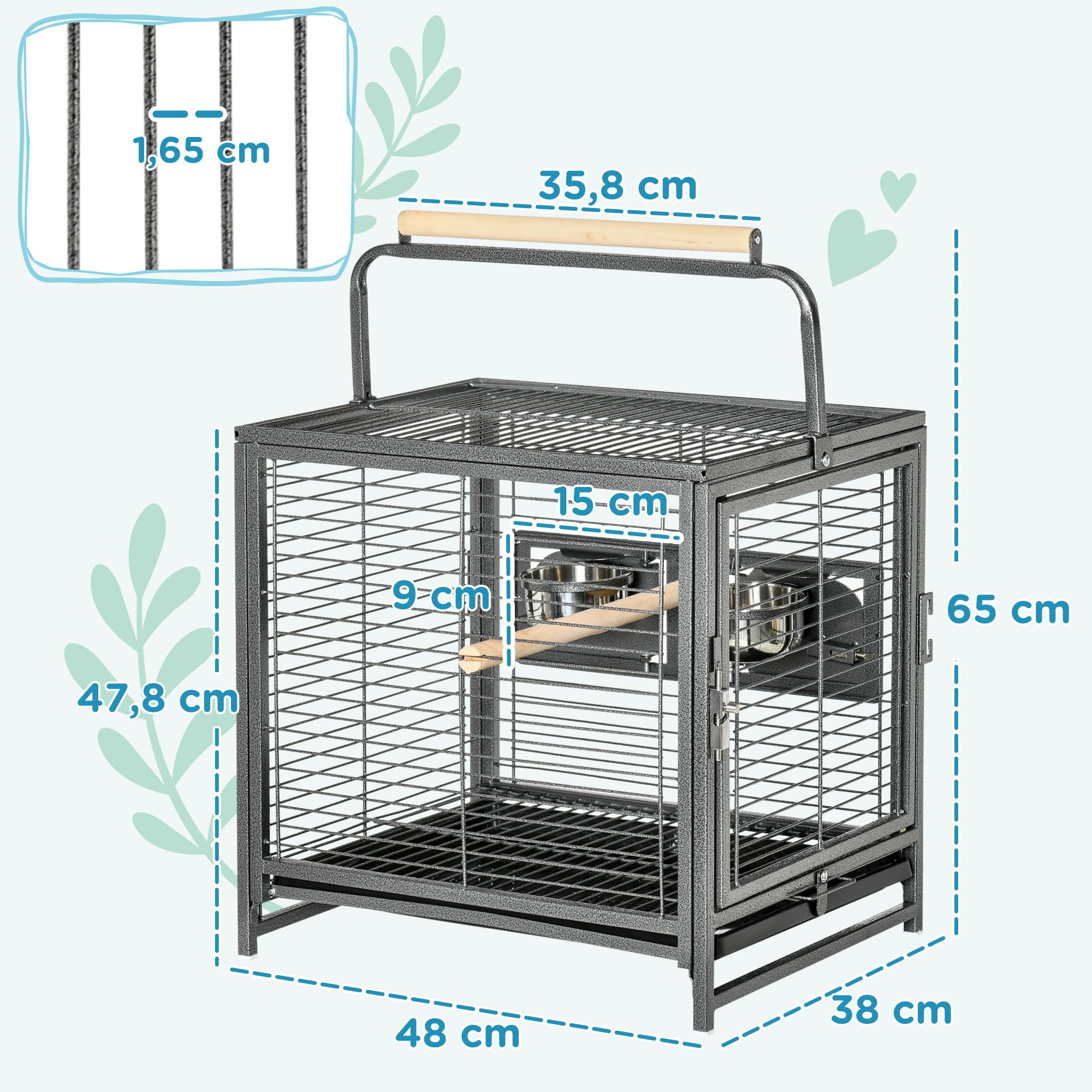 PawHut Cage de Transport en Acier pour Perroquets avec 2 Bols en Acier Inoxydable, 2 Perchoirs en Bois, Plateau Amovible, Noir