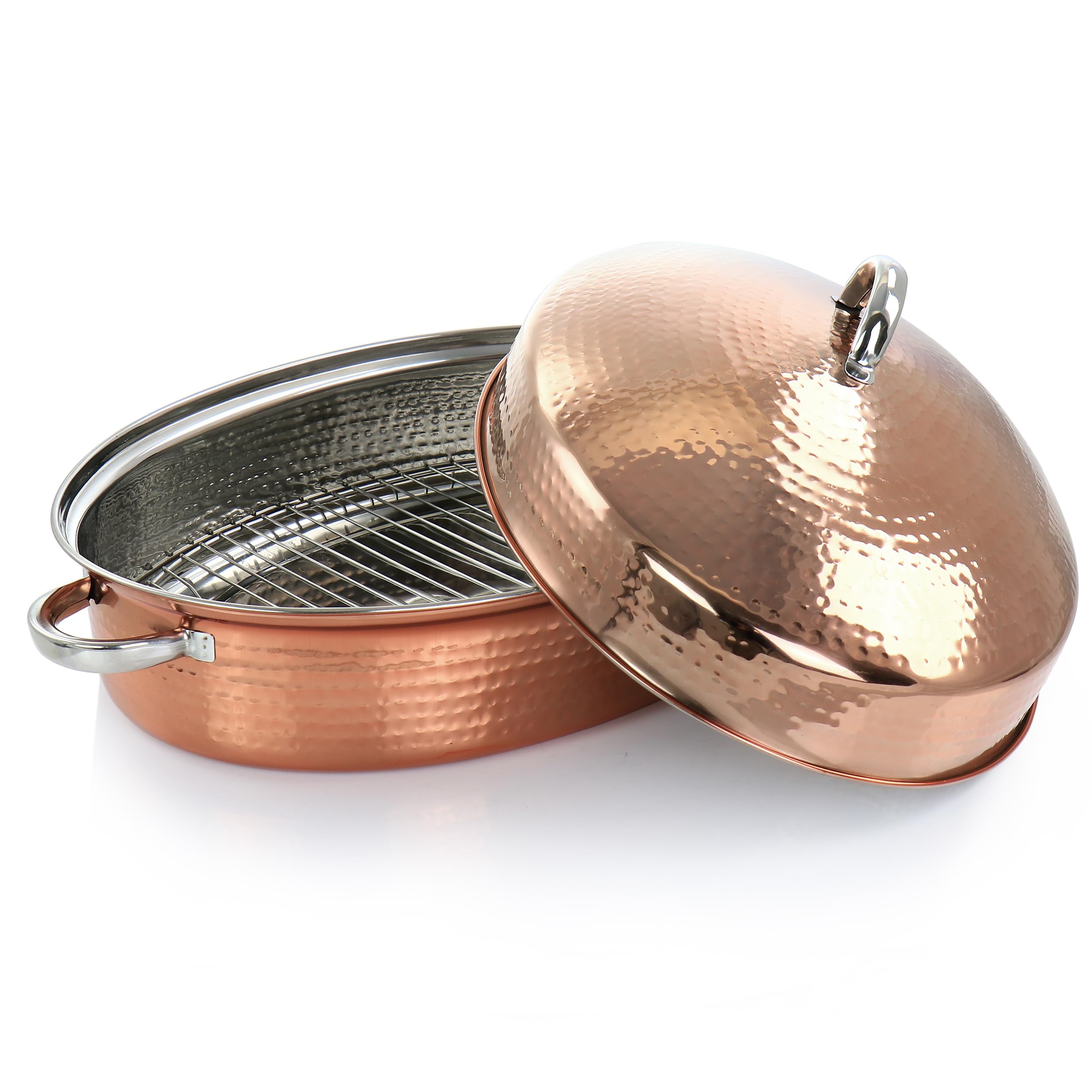 Gibson Home Radiance 17.5 Inch Stainless Steel Copper Plated Oval Roaster with Lid and Roasting Rack