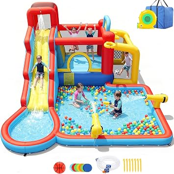 Inflatable Water Bounce House Slides, 11-in-1 Water Park with Long Slide, Basketball Hoop, Splash Pool, Outdoor Water Play Center for Ages 3-12, Backyard Summer Fun with Blower Splash Stadium