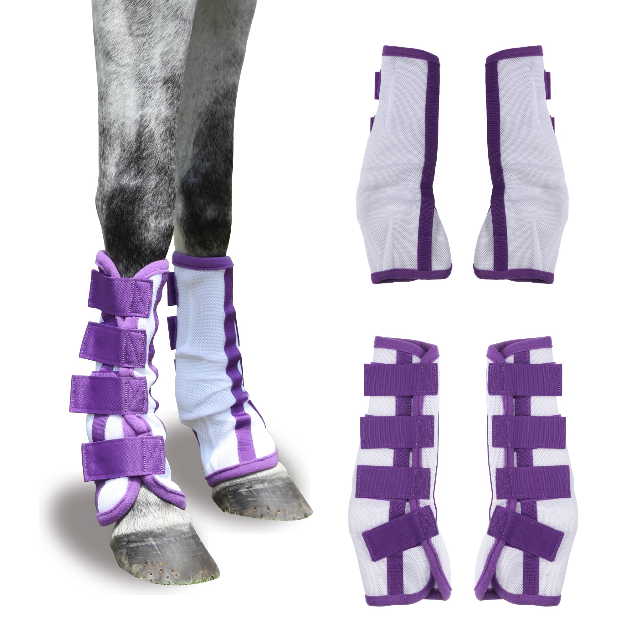 Horse Fly Boots Set of 4 – Lightweight Breathable Mesh Fly Leg Wraps for Horses with Fly & UV Protection and Comfortable Contoured Fit, Ideal for Summer Field & Stable Purple Full