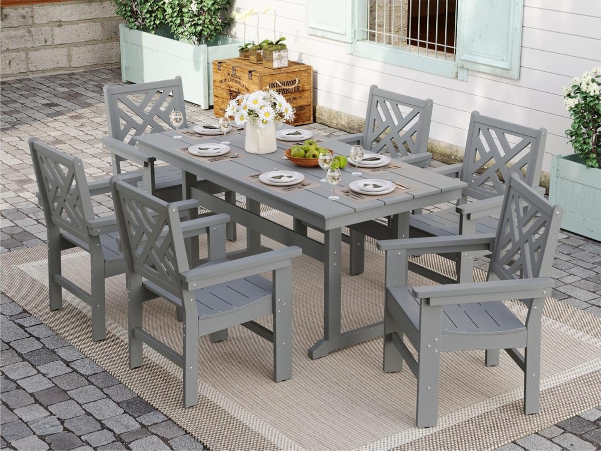 7-Piece Outdoor Dining Set, HDPE All-Weather Patio Table and Chairs Set for 6, Outdoor Patio Furniture Sets with Umbrella Hole for Outside, Deck, Backyard, Garden (Grey)