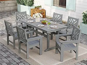 7-Piece Outdoor Dining Set, HDPE All-Weather Patio Table and Chairs Set for 6, Outdoor Patio Furniture Sets with Umbrella Hole for Outside, Deck, Backyard, Garden (Grey)