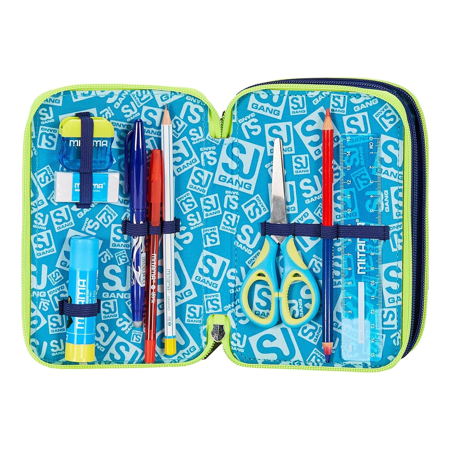 SJ GANG STYLE JAM GANG Astuccio Scuola 3 Zip, Blu, SharkStory, Portapenne Triplo Scomparto Completo Di Penne, Matite, Colori, Accessori Zaino, Elementari, Medie, Bambino