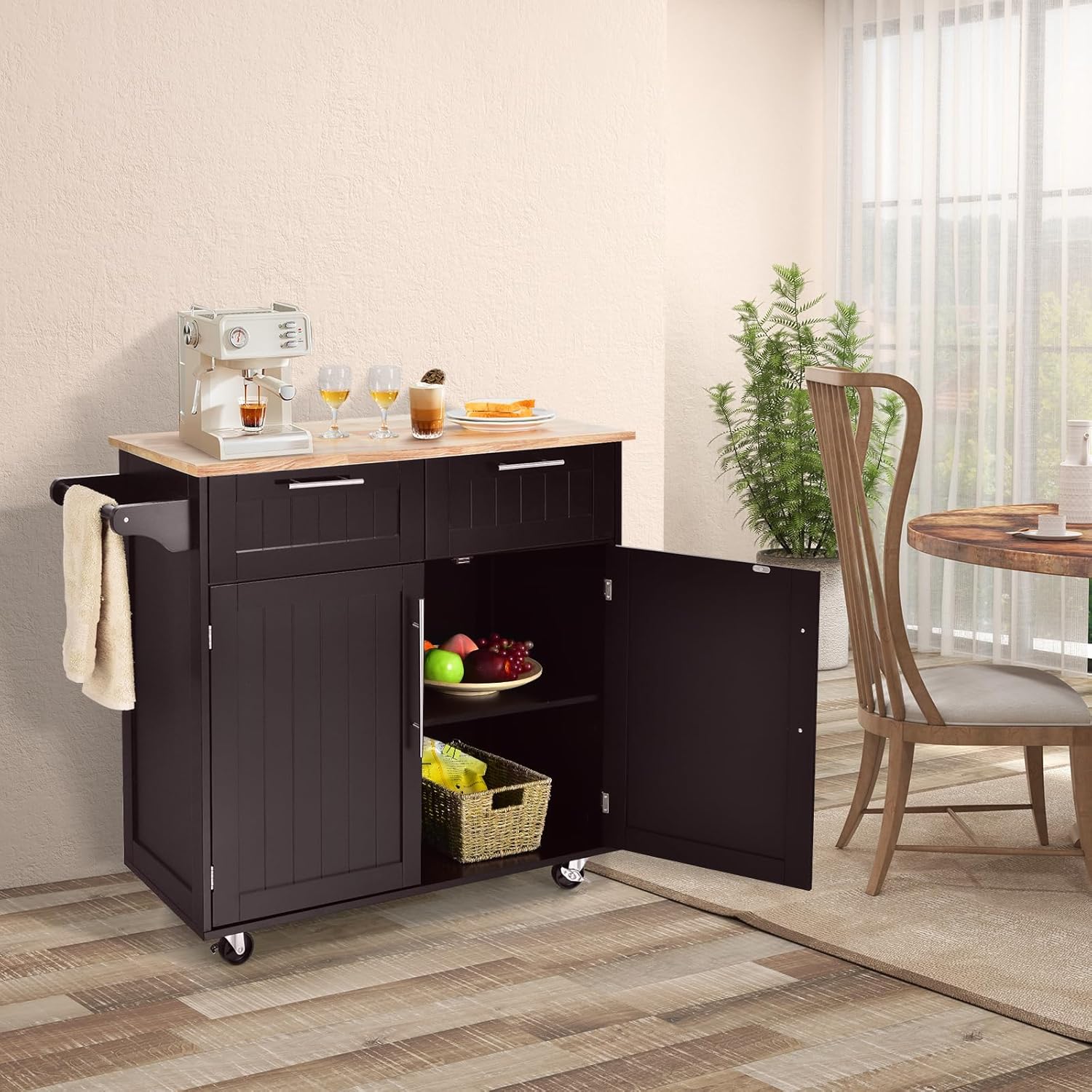 Kitchen Island with Storage, Mobile Kitchen Trolley Cart with Wheels, Rubber Wood Top, Adjustable Shelves, Towel Rack & Drawers, Rolling Kitchen Island Cart, 37" L x 18" W x 37" H (Brown)