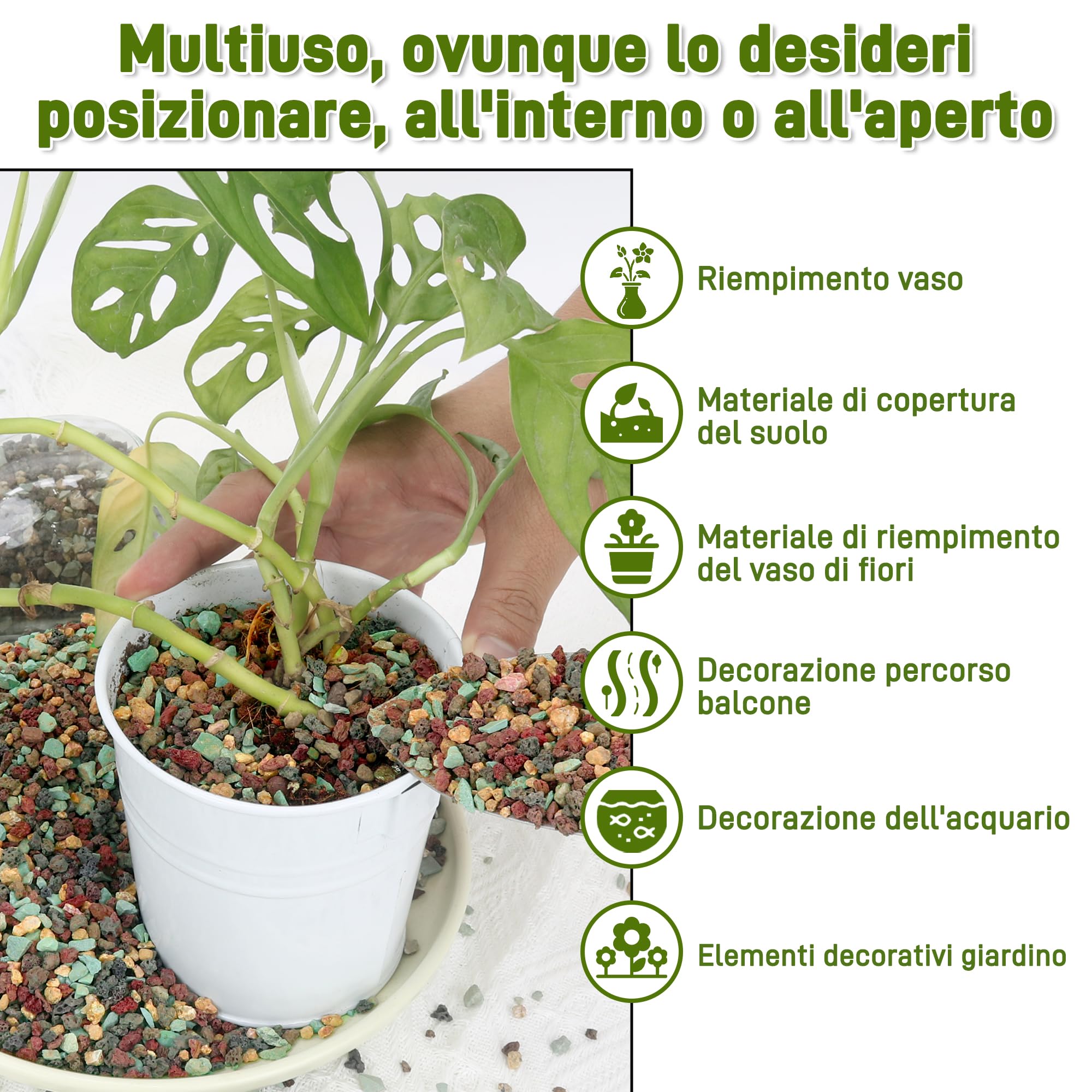 Miscela di Sassi Vulcanici 1.4 kg (3 lb) - Pietre per Piante in Vaso 4 in 1 (Lava Rossa, Lava Nera, Zeolite Verde, Maifan) 3-6mm - Sassolini Decorativi per Vasi, Orchidee, Bonsai, Giardino