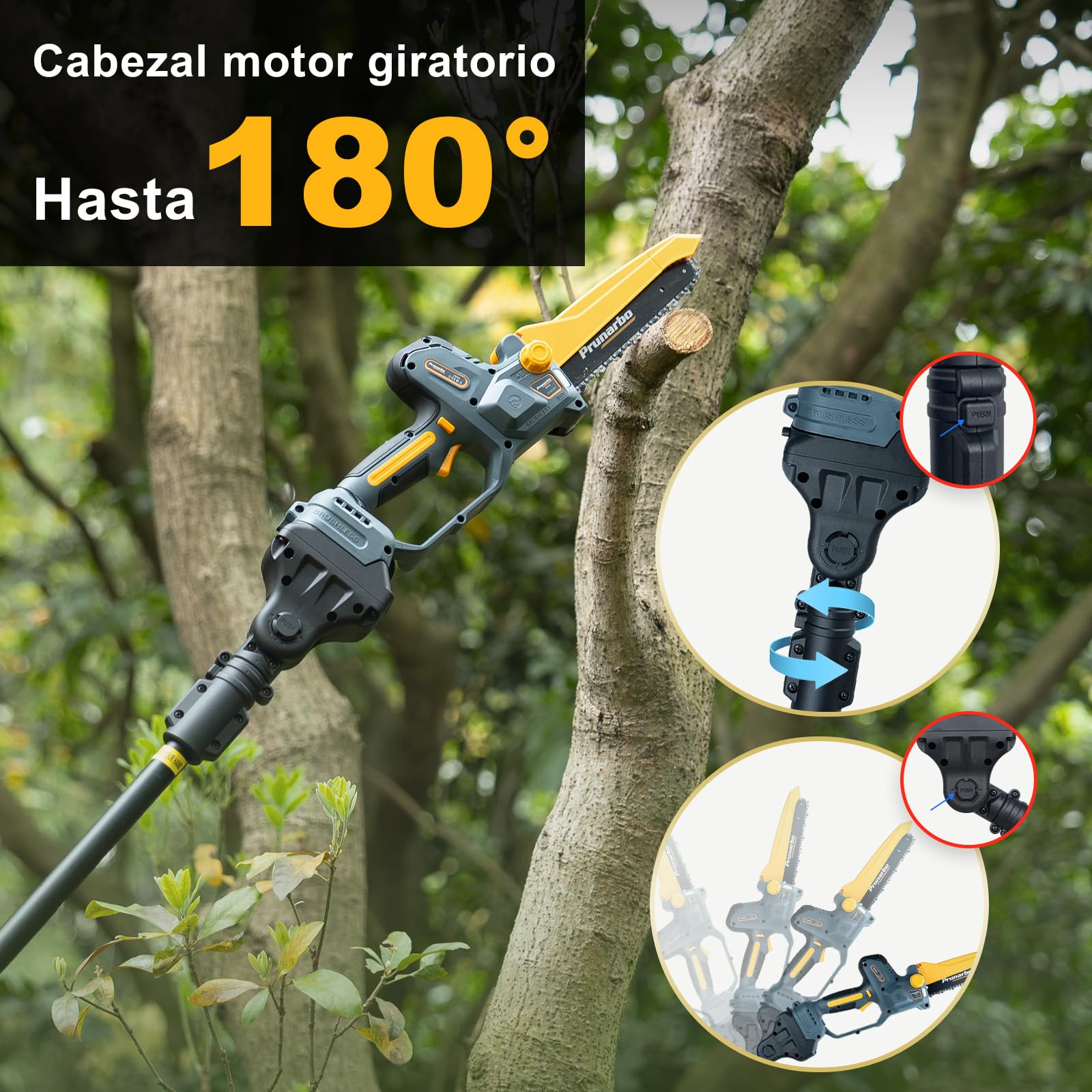 Sierra de Pértiga 2 en 1 con Mini Motosierra de 8 Pulgadas | Motor Sin Escobillas, Engrase Automático, Cabezal Ajustable 180°, Alcance Hasta 2,5 m Con Dos Baterías De 4,0 Ah