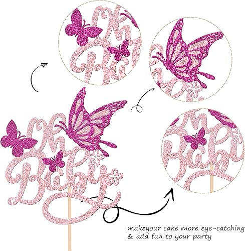 Miniatura 3 de 1 pieza de decoración de pastel de mariposa Oh Baby con purpurina para baby shower, mariposa para revelación de género, baby shower, fiesta de