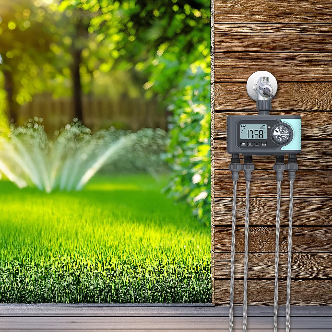 Royal Gardineer Garten-Wassercomputer: Digitaler Bewässerungscomputer mit Display, 4 Zonen, programmierbar (Gartenbewässerung Computer, Schlauch-Ventile elektrisch, Automat)