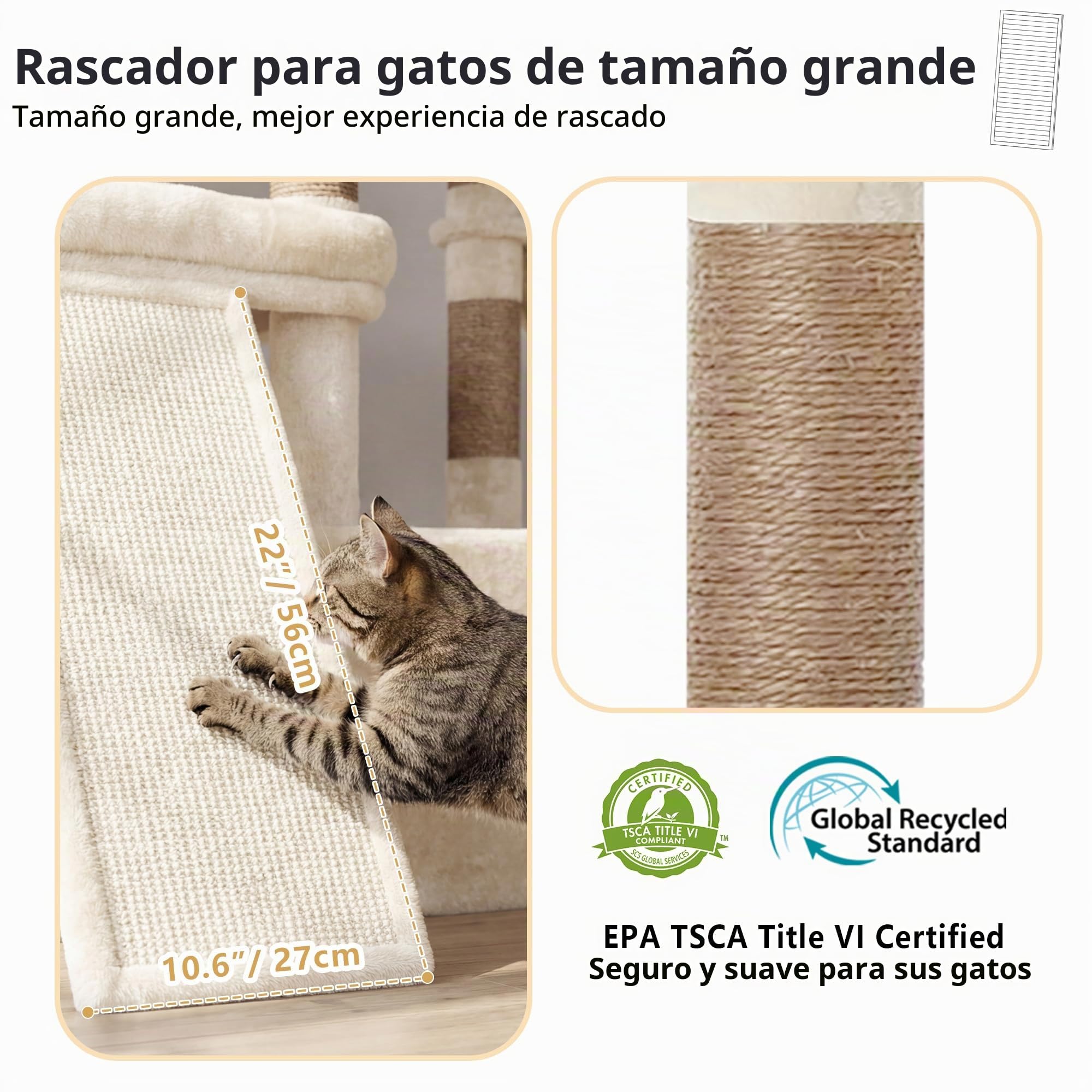 Heybly Rascador para Gatos, 184cm Árbol Rascador Grande con 3 Amplias Plataformas, 2 Cuevas, 2 Cestas Y Una Almohadilla Rascadora De Sisal Extragrande, Una Torre De Juego Estable, Beige HCT060MJ