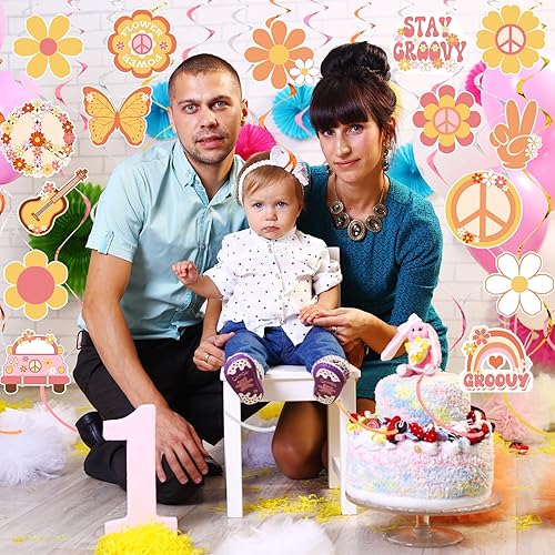 Miniatura 5 de Juego de 35 decoraciones de remolinos colgantes para fiestas temáticas hippie, estilo retro de los años 60, decoración de remolinos de techo para