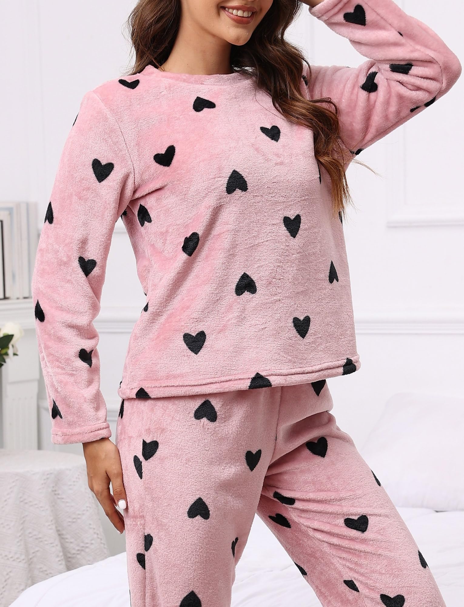 Ensembles de Pyjama Hiver Femme Pajama Set en Polaire 2 Pièce Vêtements de Nuit Chaud Adulte Loungewear Chemise de Nuit S-XL
