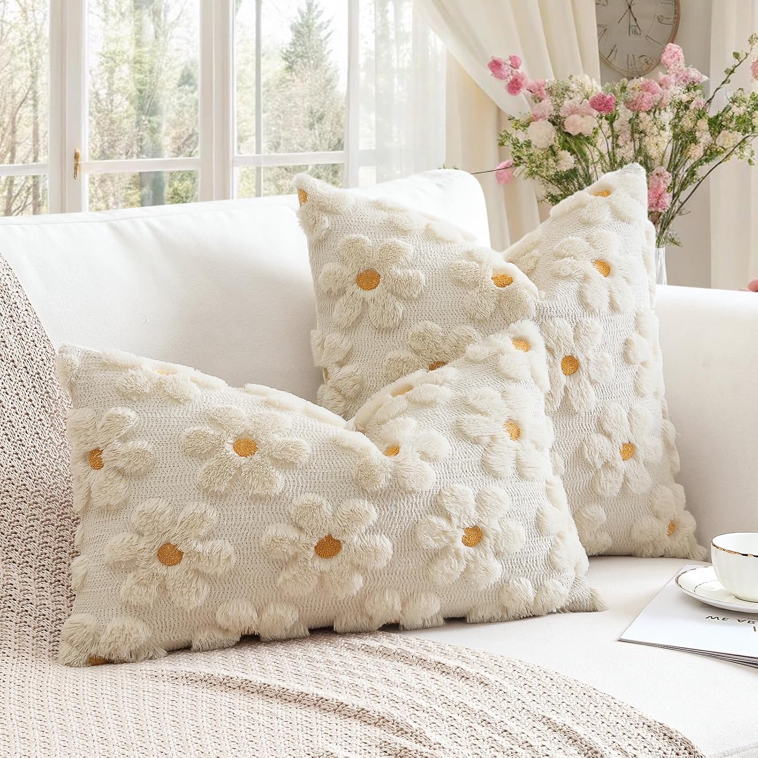 OTOSTAR Flowers Throw Pillow Covers Set of 2 Spring Summer Cushion Covers for Sofa 26x26 Inch Square Soft Plush Short Wool Velvet Pillowcase Seasonal Holiday Decor Cream Beige