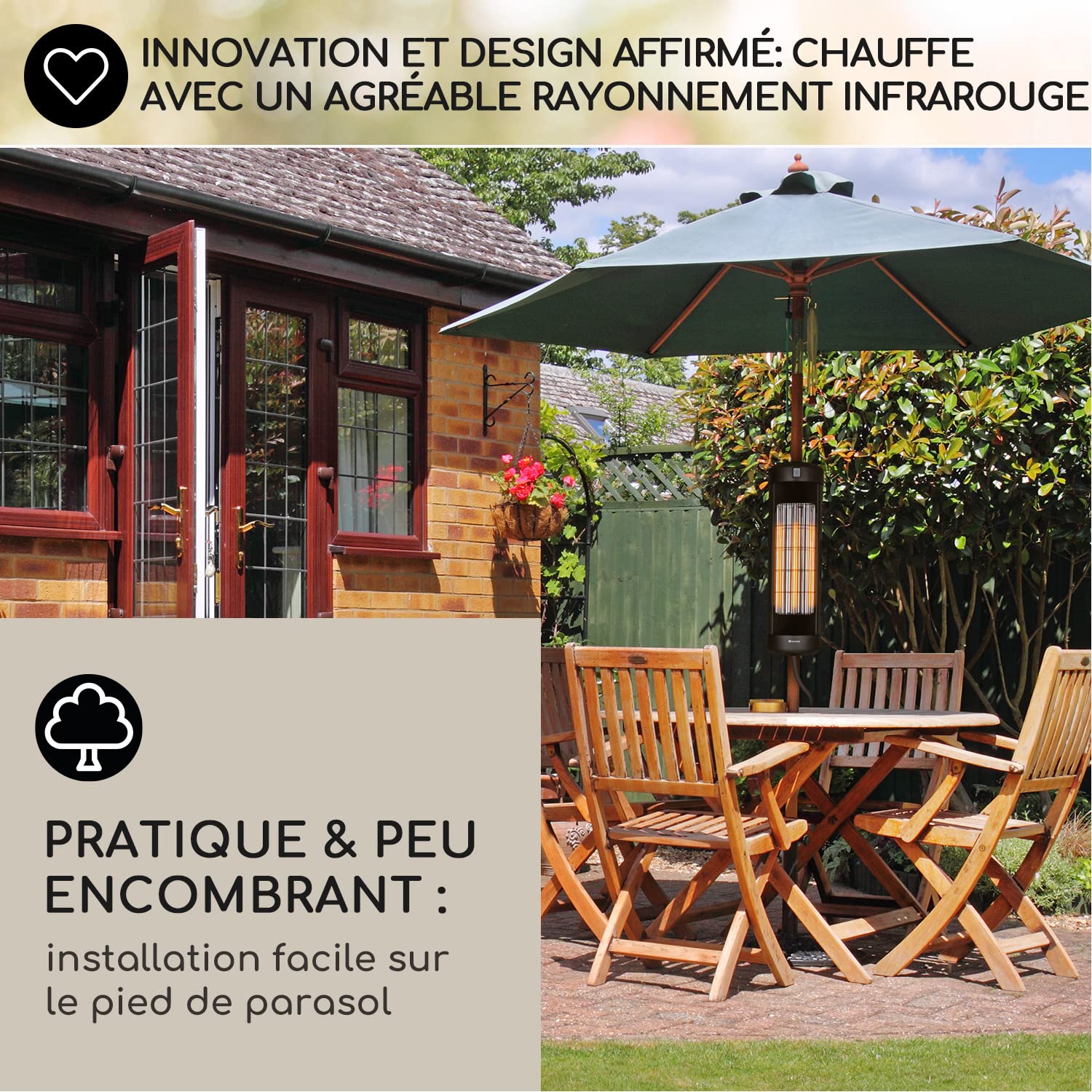 Klarstein Chauffage Electrique à Infrarouge, Chauffage de Jardin 2000W, Terrasse Exterieur IP54, Efficacité Energétique, Fixer Sur Parasols de Jardin, d'Appoint Econome, Sans CO2