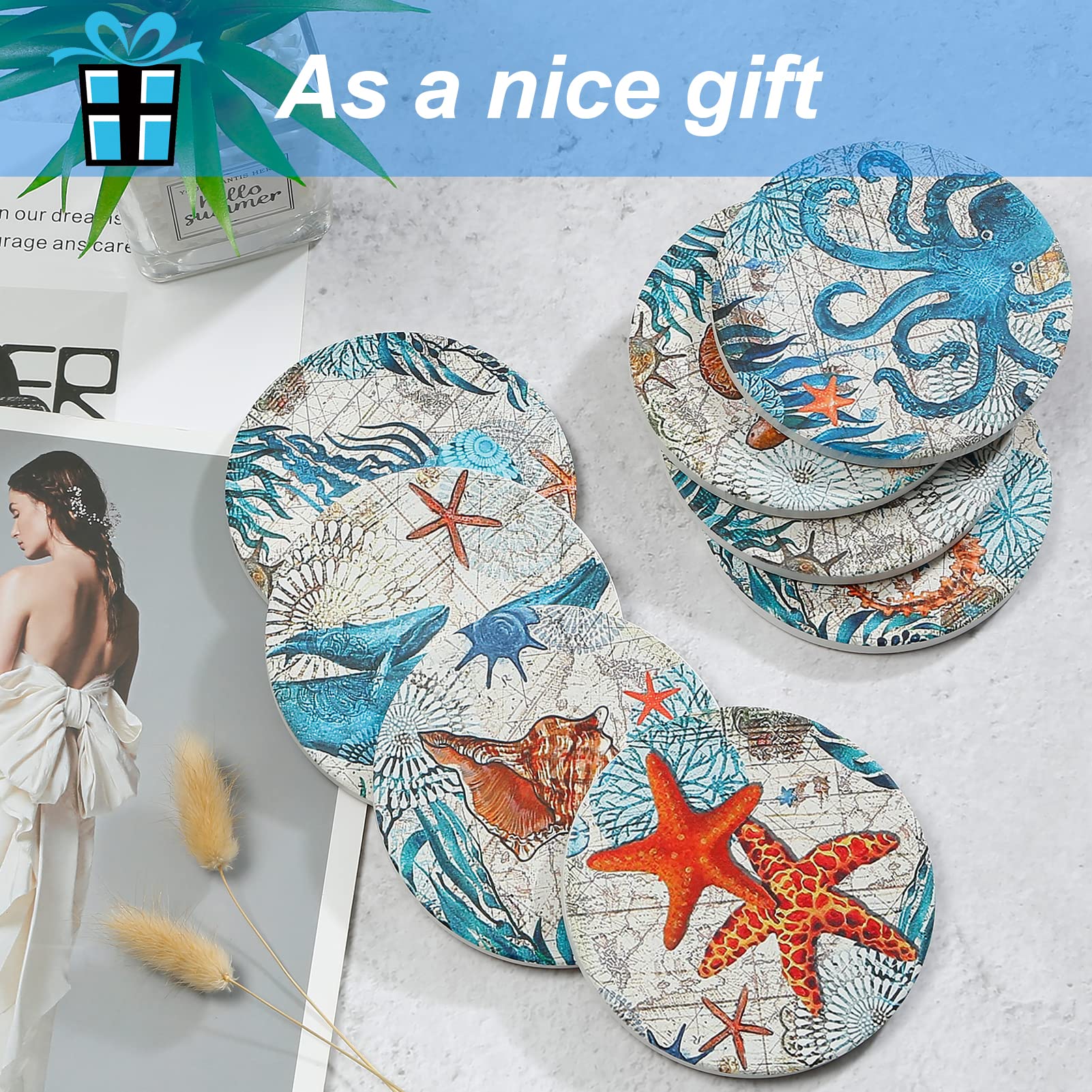 8 Posavasos de Piedra con Soporte para Bebidas, Base de Corcho, Tema Tropical de Playa, para inauguración de la casa, apartamento, Cocina, habitación, Bar, cumpleaños, Mesa de Madera
