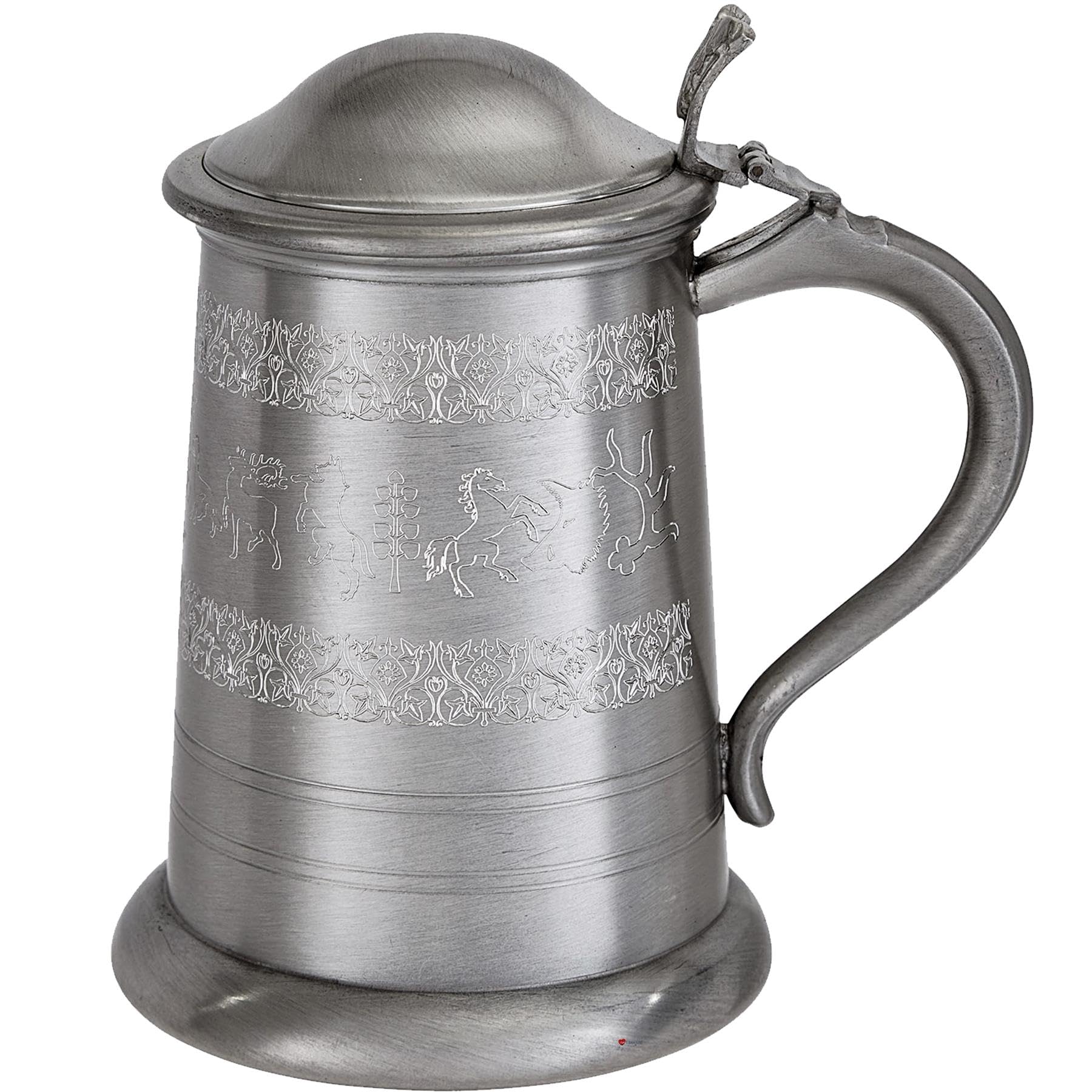 Jarro de cerveza de estaño de 1 pinta con tapa y escena medieval de caza