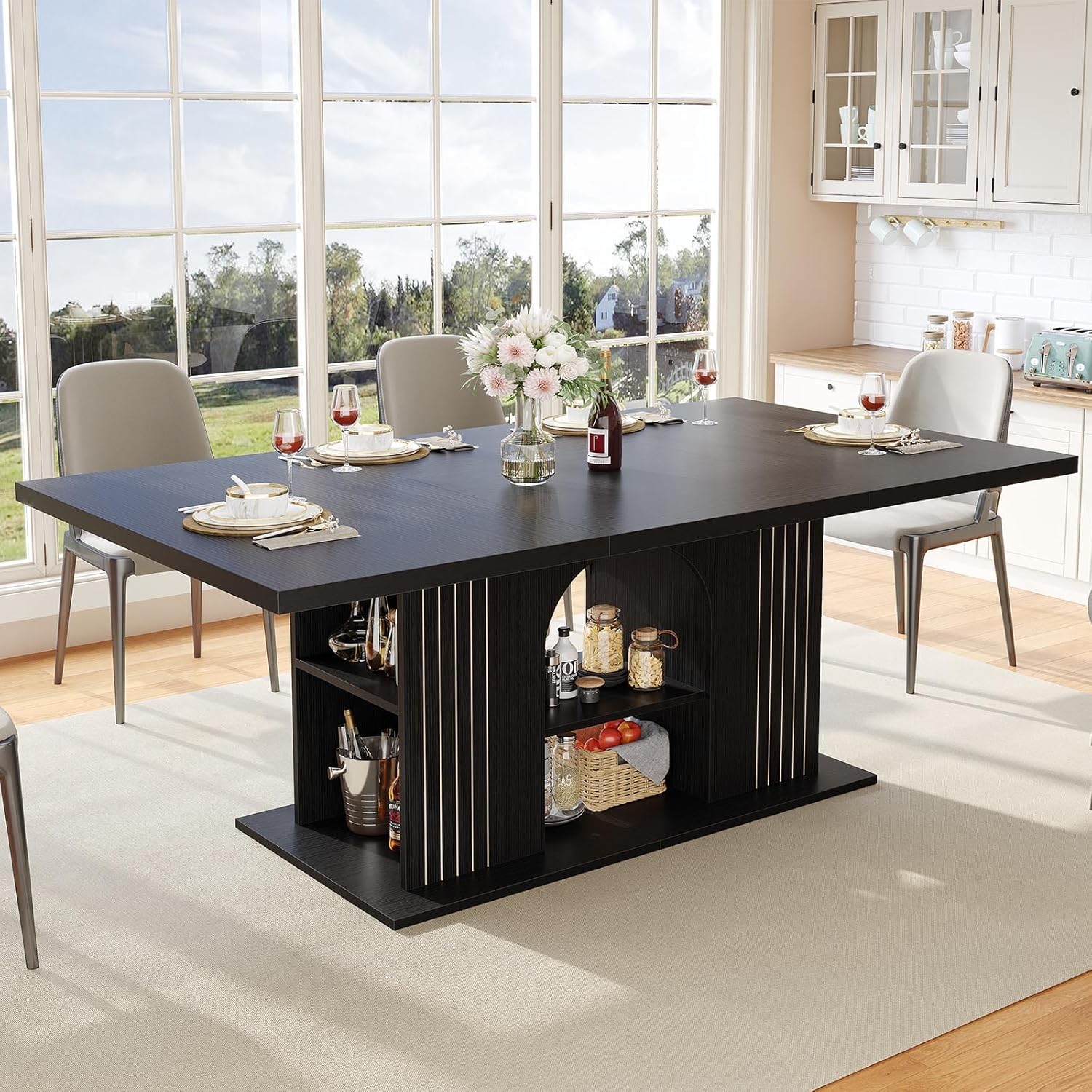 LVB Black Dining Table for 6, 71" Rectangle Modern Oak Dinner Table with Storage, Large Wood Dining Room Table with Sturdy Base, Elegant Wooden Kitchen Table for Gathering, Apartment