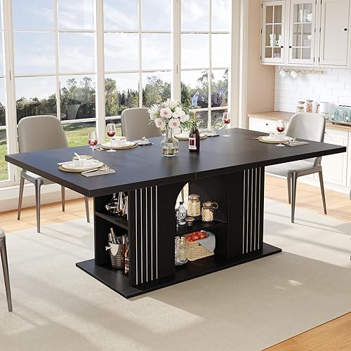 LVB Black Dining Table for 6, 71" Rectangle Modern Oak Dinner Table with Storage, Large Wood Dining Room Table with Sturdy Base, Elegant Wooden Kitchen Table for Gathering, Apartment
