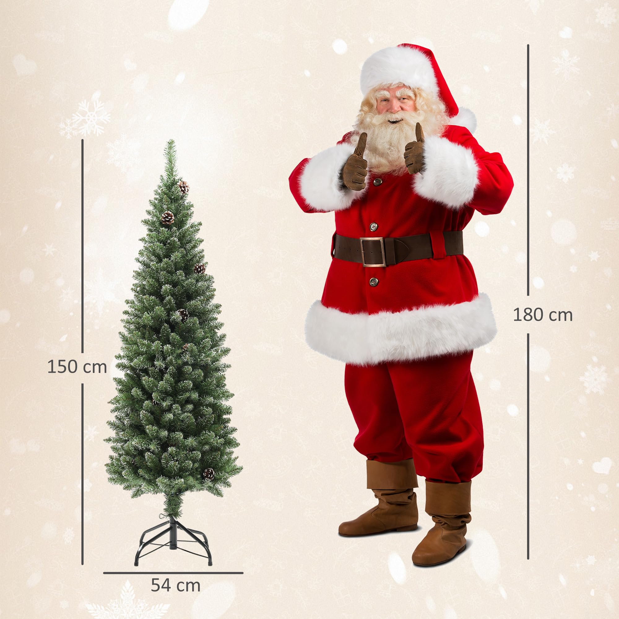 HOMCOM Árbol de Navidad Estrecho 150 cm Árbol de Navidad Artificial con 395 Ramas 30 Piñas y Soporte de Metal Árbol Navideño para Salón Interior Verde