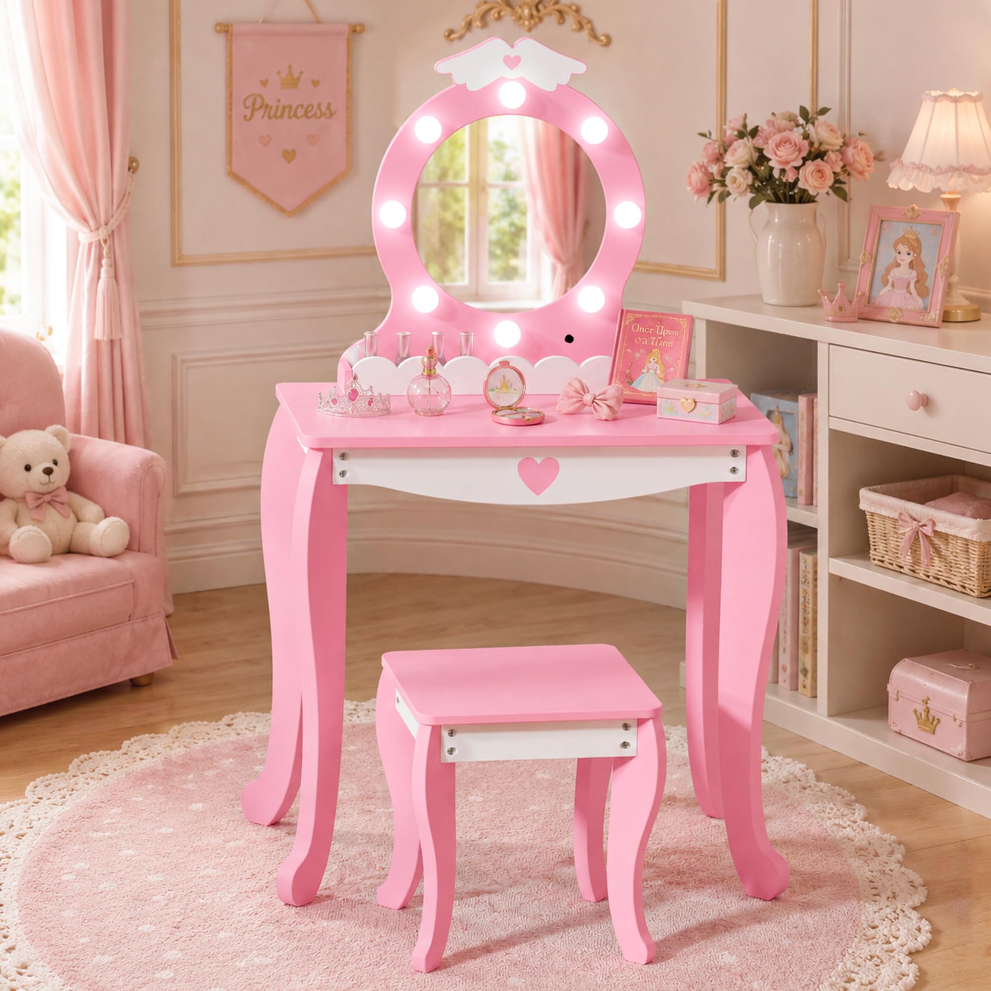 Xilingol Kids Vanity Set with Lighted Mirror and Stool,Makeup Vanity Desk with Storage Space,Wing Pattern for Little Girls,Toddler Princess Dressing Table with Chair Set,Pink — image 1