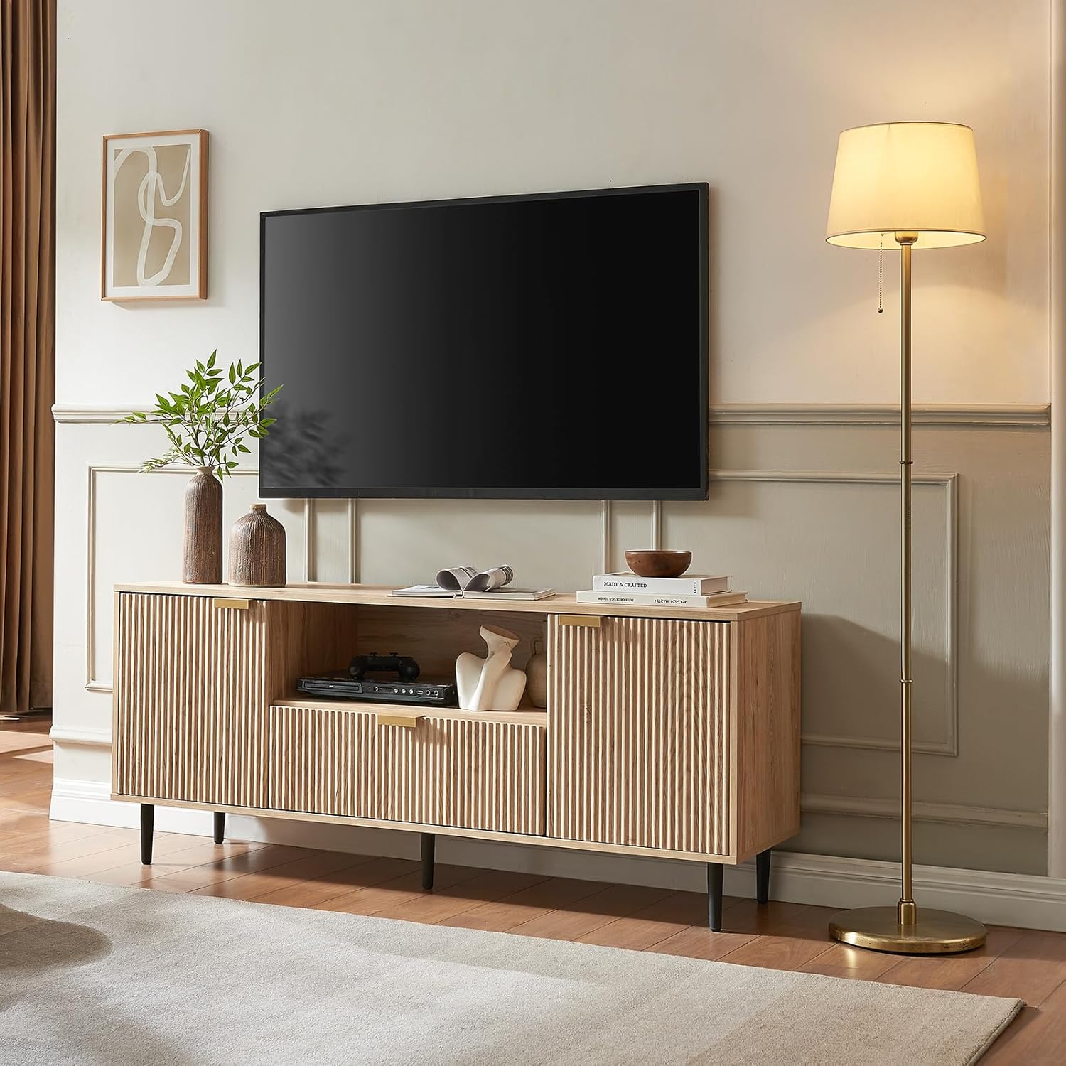 Okvnbjk Black TV Stand for 65 Inch TV, TV Consoles for Living Room, TV Stand for Bedroom w/Drawer and Storage, Wood Fluted Panel Media Console, Entertainment Center w/Soft Hinge & Cable Management