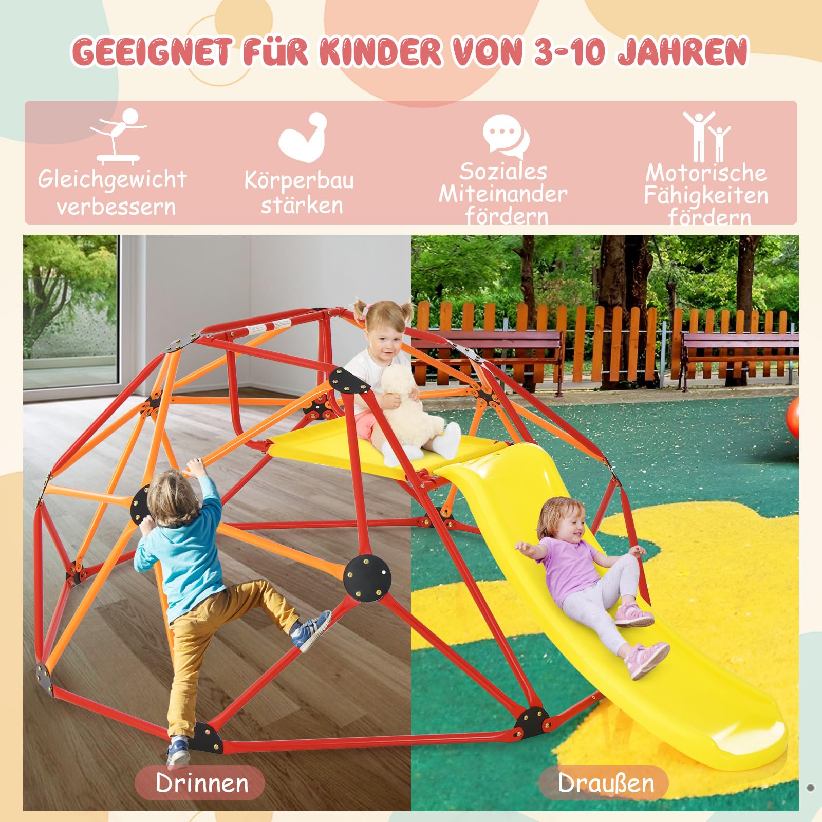 GOPLUS Struttura da arrampicata, torre da arrampicata con scivolo, cupola da arrampicata con piattaforma in tessuto e bordi lisci, struttura per gattonare e arrampicata, parco giochi per bambini a