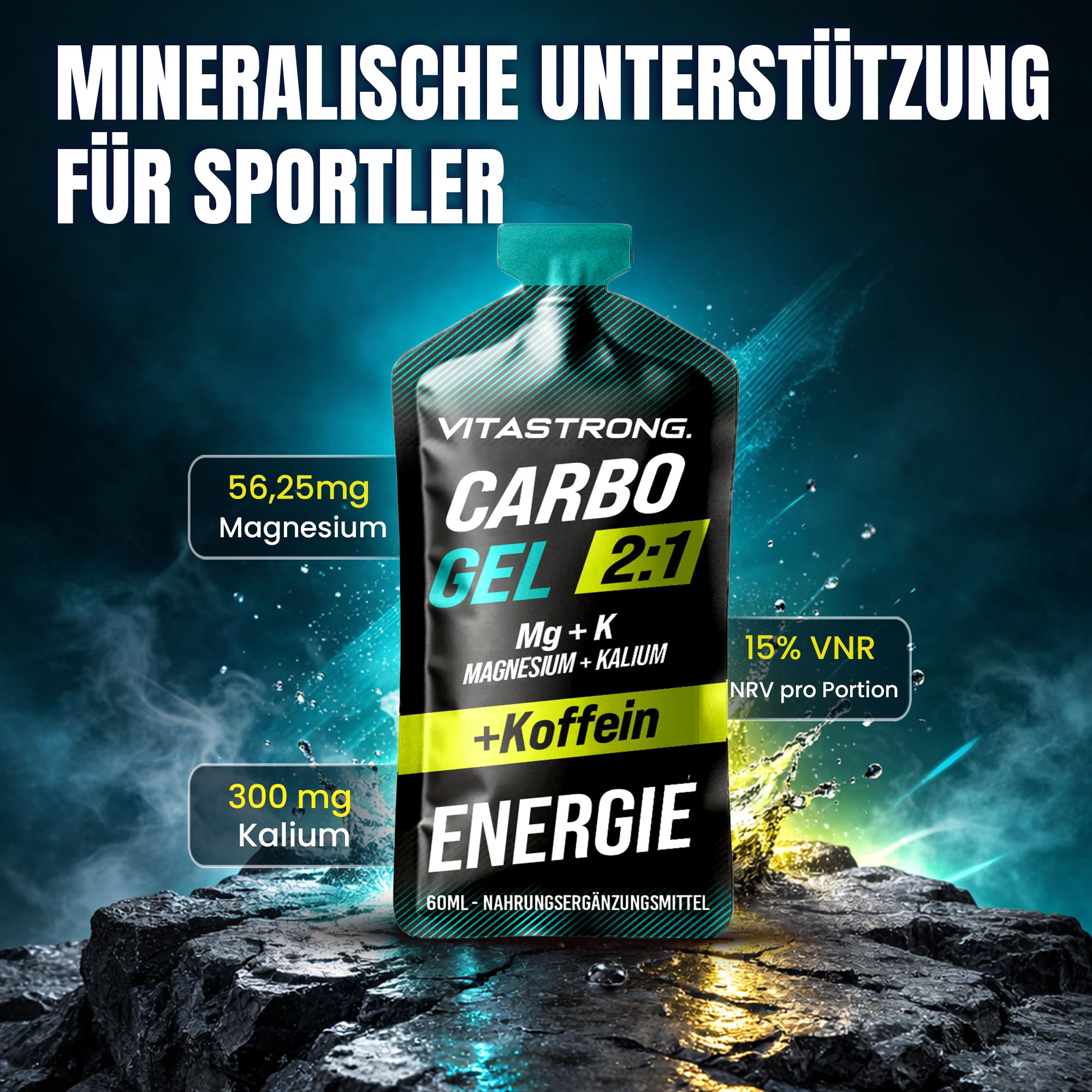 Vitastrong Carbo Gel 2:1 Energy, 24 x 60ml Monodosis, 40g Kohlenhydraten, 56mg Magnesium und 300mg Kalium/Portion, Maltodextrin für Intra-Workout (60ml (24er-Packung), Kohlenhydratgel mit Koffein)