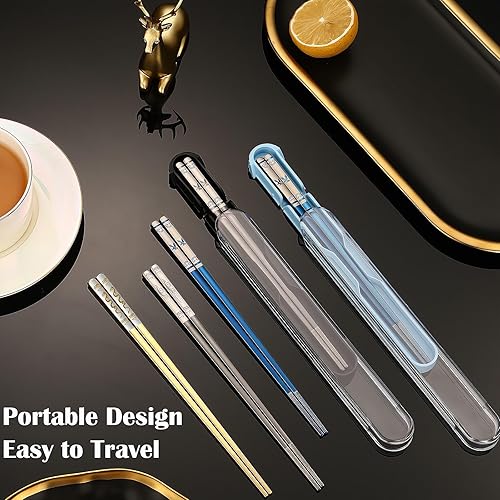 Miniatura 4 de Un par de palillos portátiles, palillos de metal reutilizables de acero inoxidable, palillos de viaje con estuche, chapados en titanio, aptos para