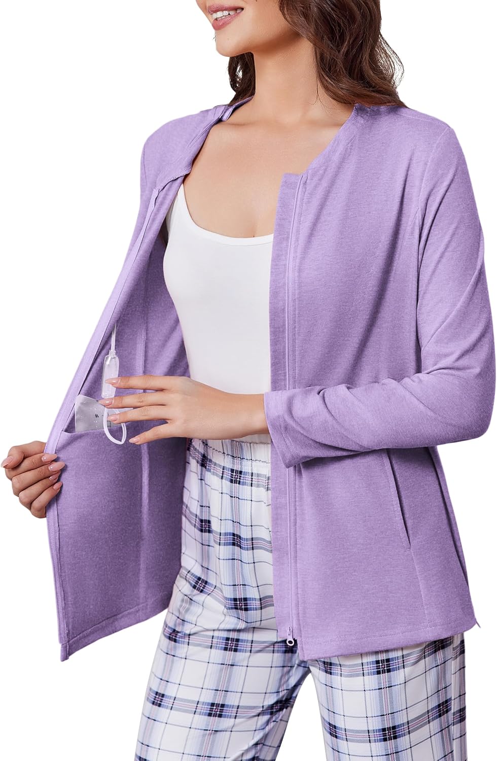 Deyeek Mastectomy Shirts with Drain Pockets Post Shoulder Surgery Tops for Women Chemo Port Long Sleeve with Zippers