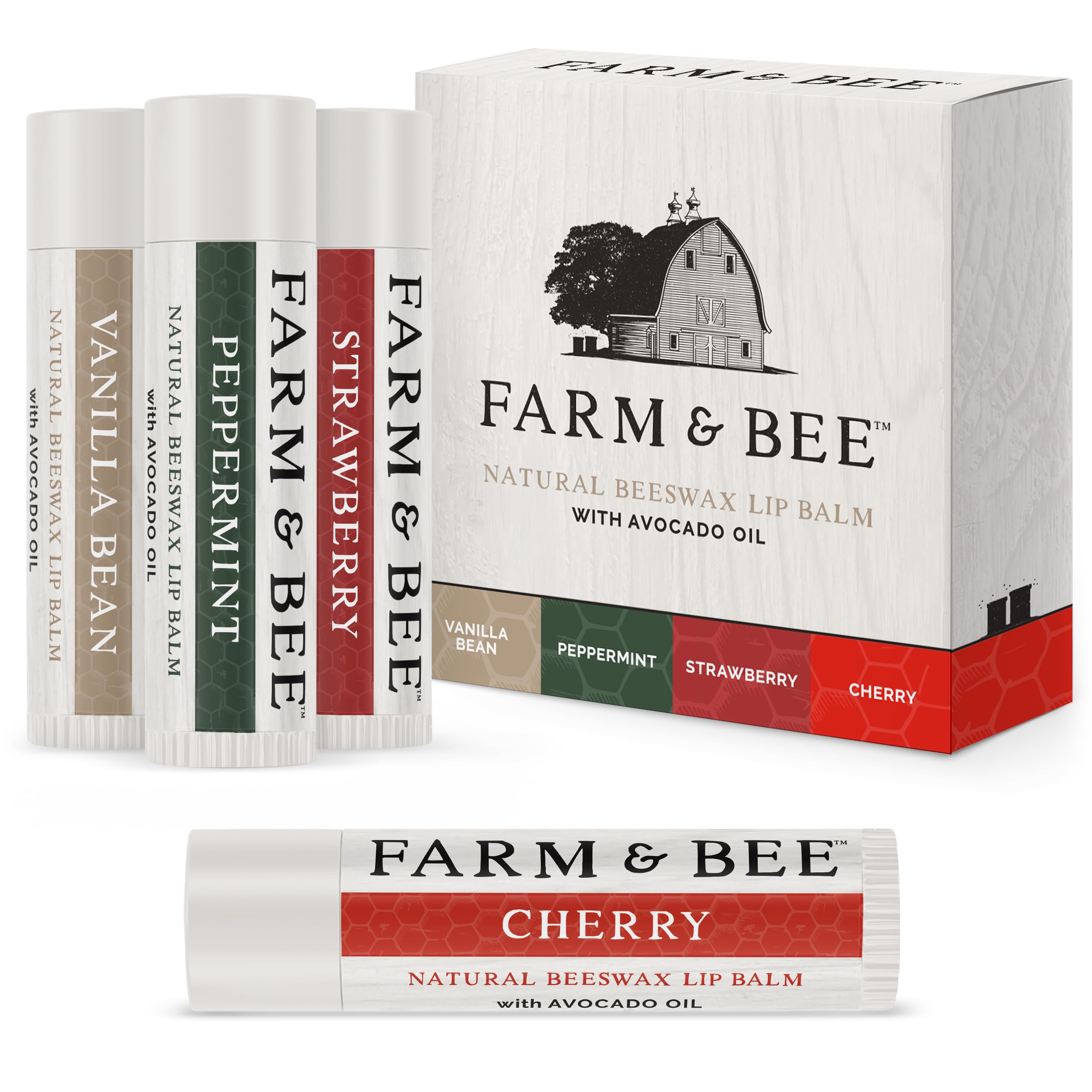 Natural Lip Balm – Variety Pack - Organic & Natural Ingredients - Beeswax Based Lip Care Chapstick - Great Gift - Farm & Bee - 0.15oz (Pack of 4 -