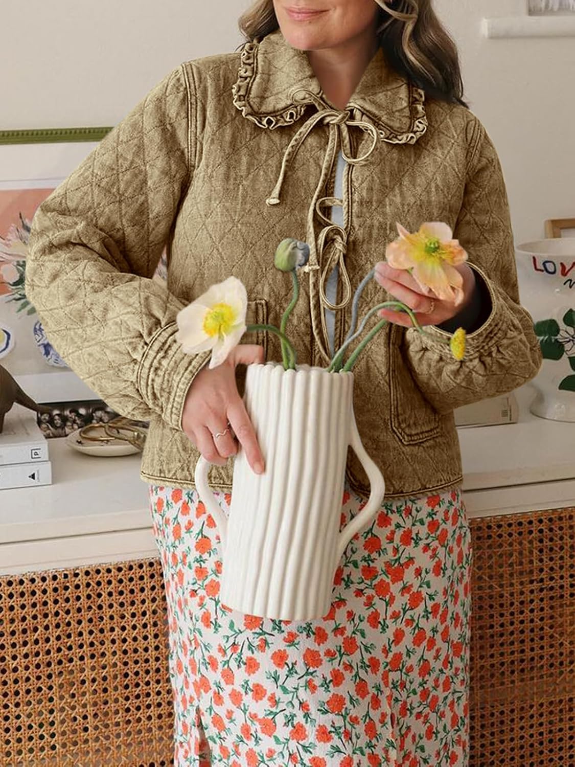 Tankaneo Womens Quilted Denim Puffer Jackets Tie Front Bow Cropped Puffy Jackets Fall Cute Short Jeans Coat - Image 2