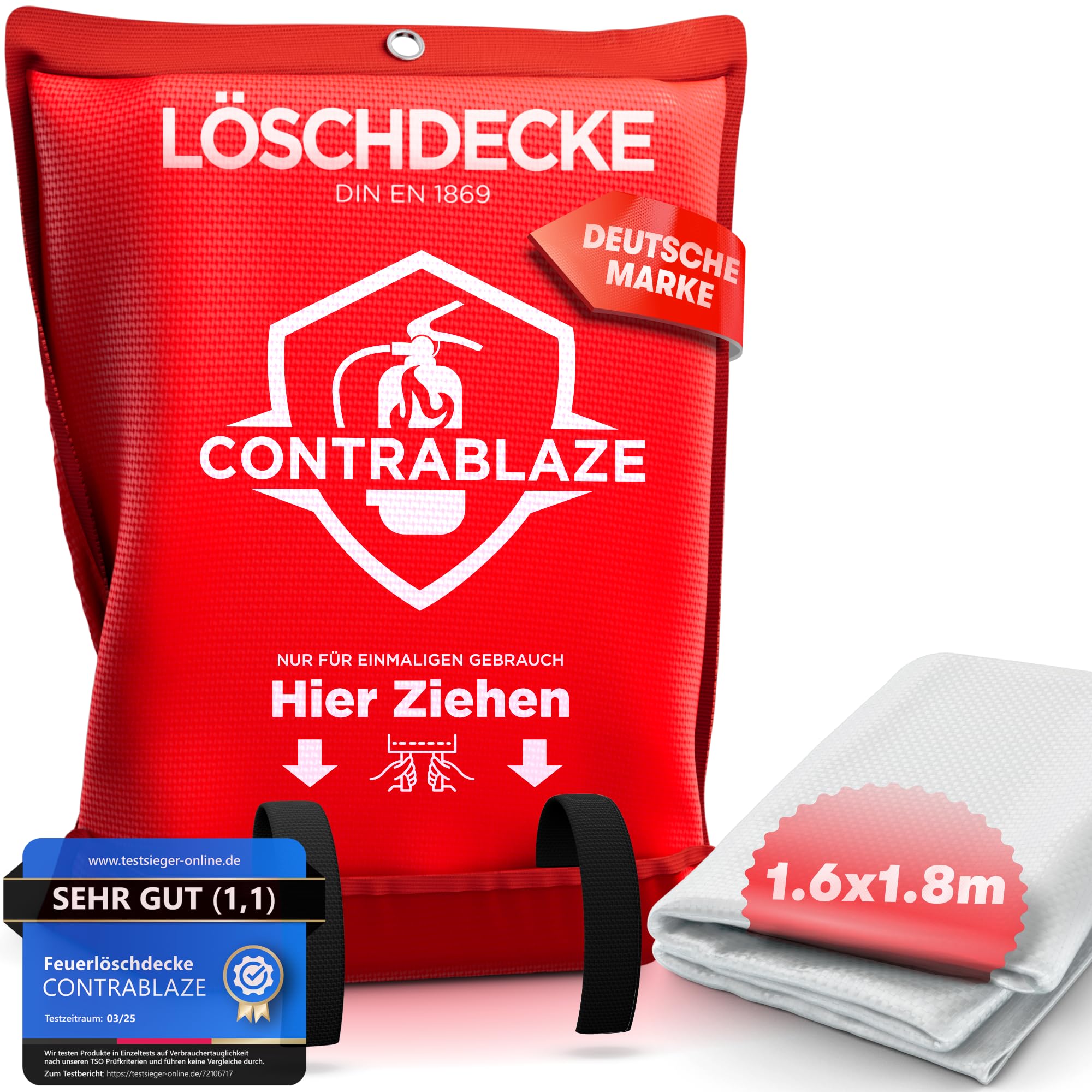 Contrablaze - Feuerlöschdecke 1,6x1,8m – Löschdecke für Küche & Haushalt – Feuerdecke für Notfälle, Brandschutzdecke EN Norm Zertifiziert, Notfalldecke für Zuhause und Auto - Fire Blanket