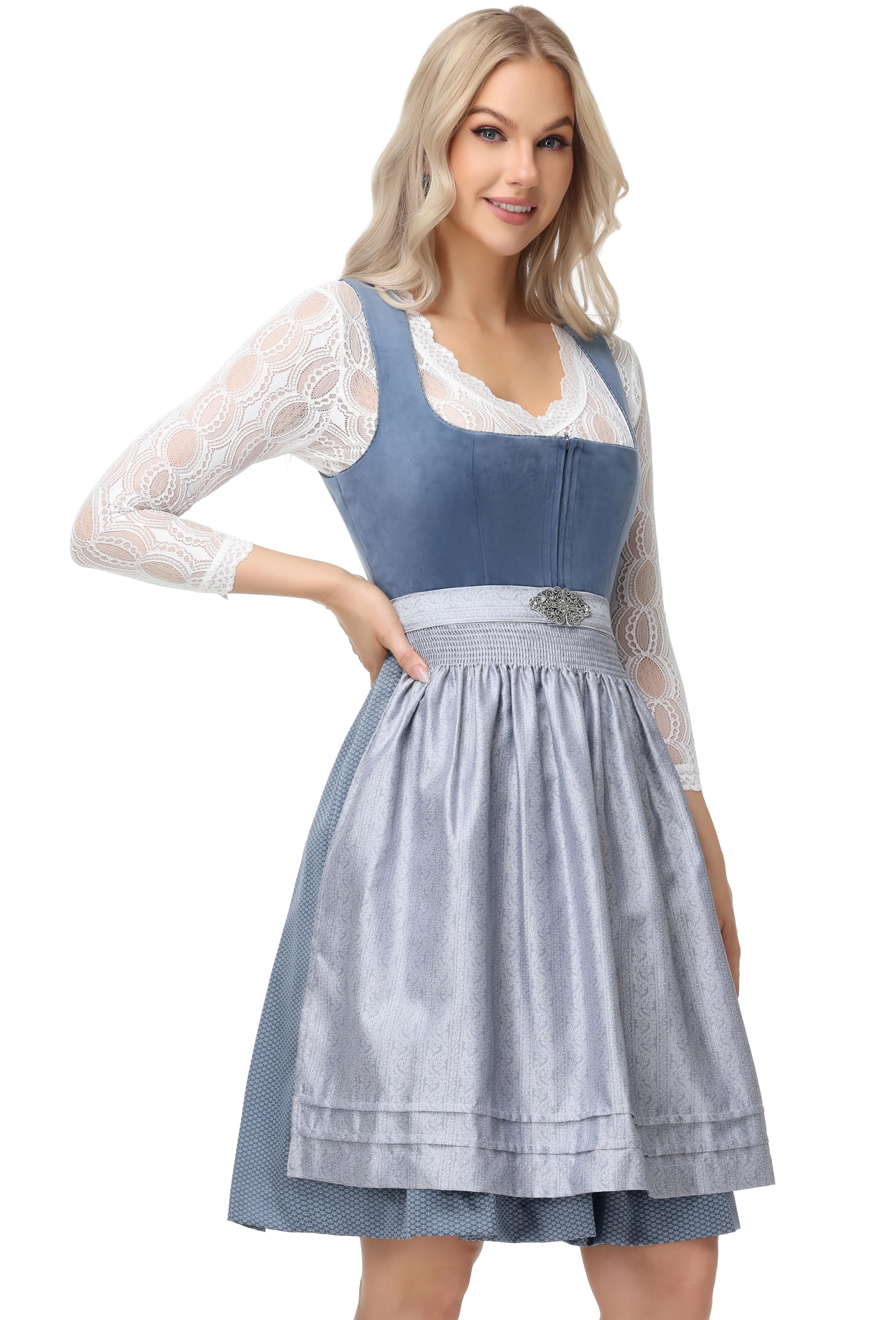 ELFIN Damen Midi Dirndl, Elegante Trachtenkleid, Samt Damen Dirndlkleid mit Plissee Schürze, Perfekt für Oktoberfest