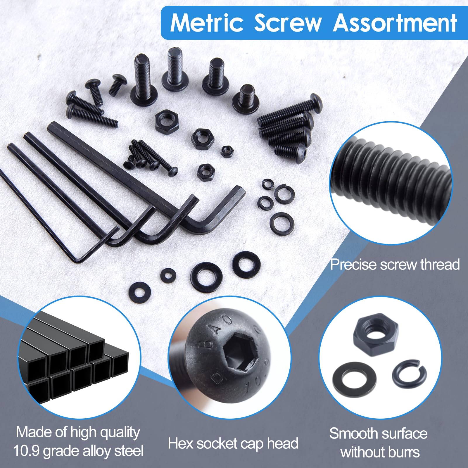 SPEEDWOX Metric Screw Assortment 2000PCS Metric Bolt Assortment Kit M2 M3 M4 M5 4mm-20mm with Lock and Flat Washers Hex Button Head Grade 10.9 Alloy Steel Nuts and Bolts Kit with 4 Hex Wrenches - Image 4