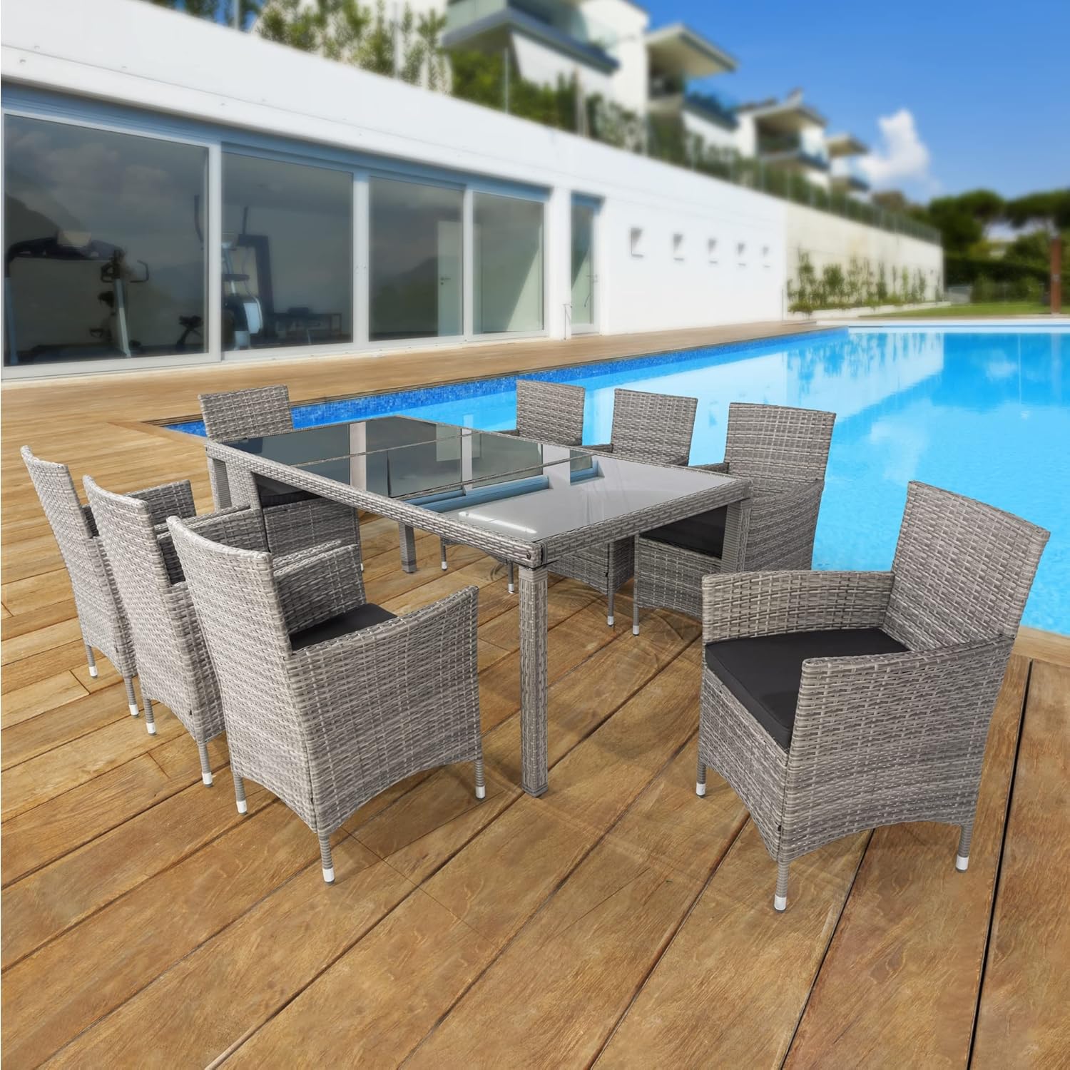 Unique 9 Piece Outdoor Conversation Dinning Table Set,Patio Furniture Wicker Set with 6 Chairs and Glass Top,for Porch Lawn Garden Backyard Poolside (Grey@Glass Top)
