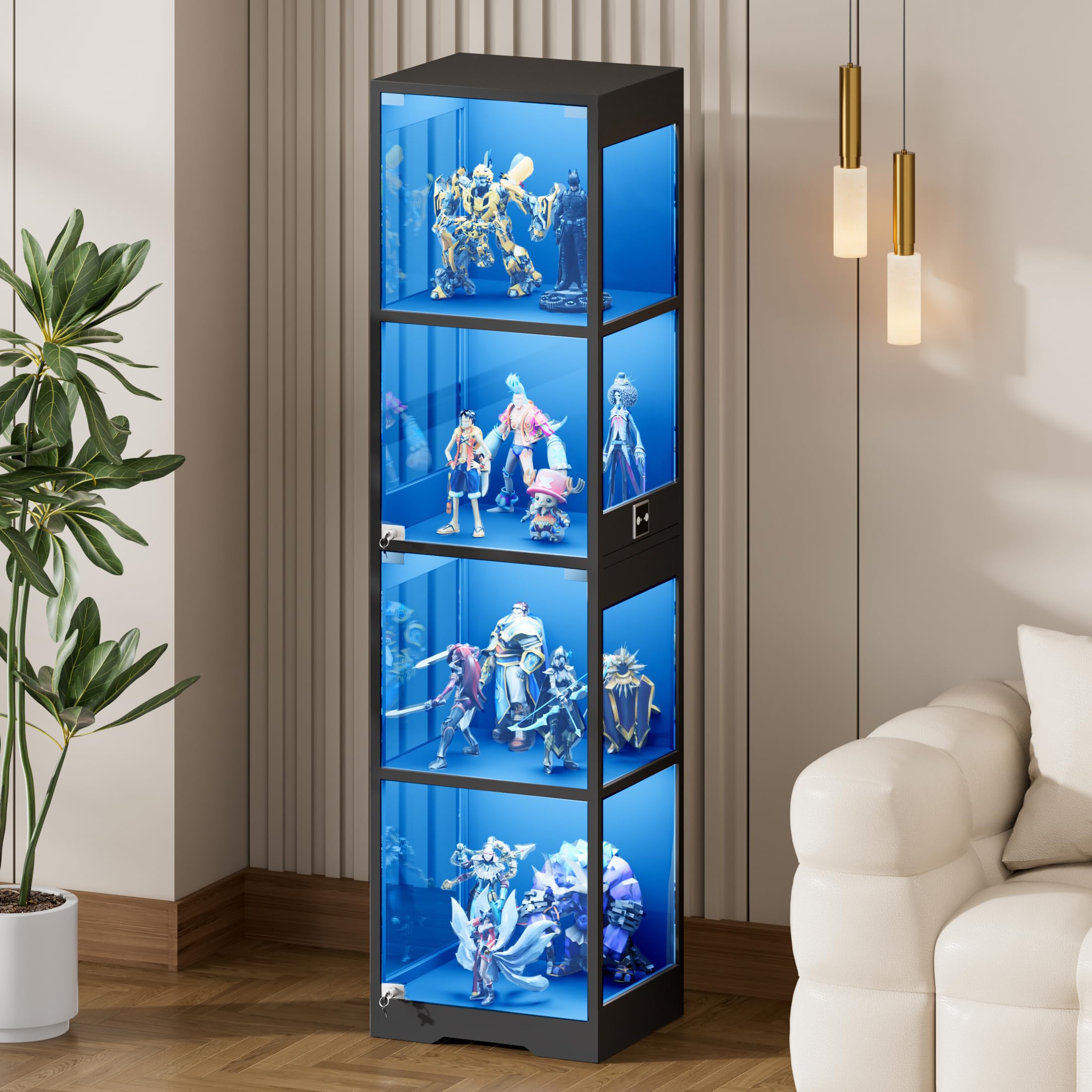 Vetrina in vetro con illuminazione a LED, vetrina con vetro temperato di sicurezza e chiusura magnetica, vetrina da collezione con sensore intelligente, 4 strati, antipolvere, per soggiorno, ufficio
