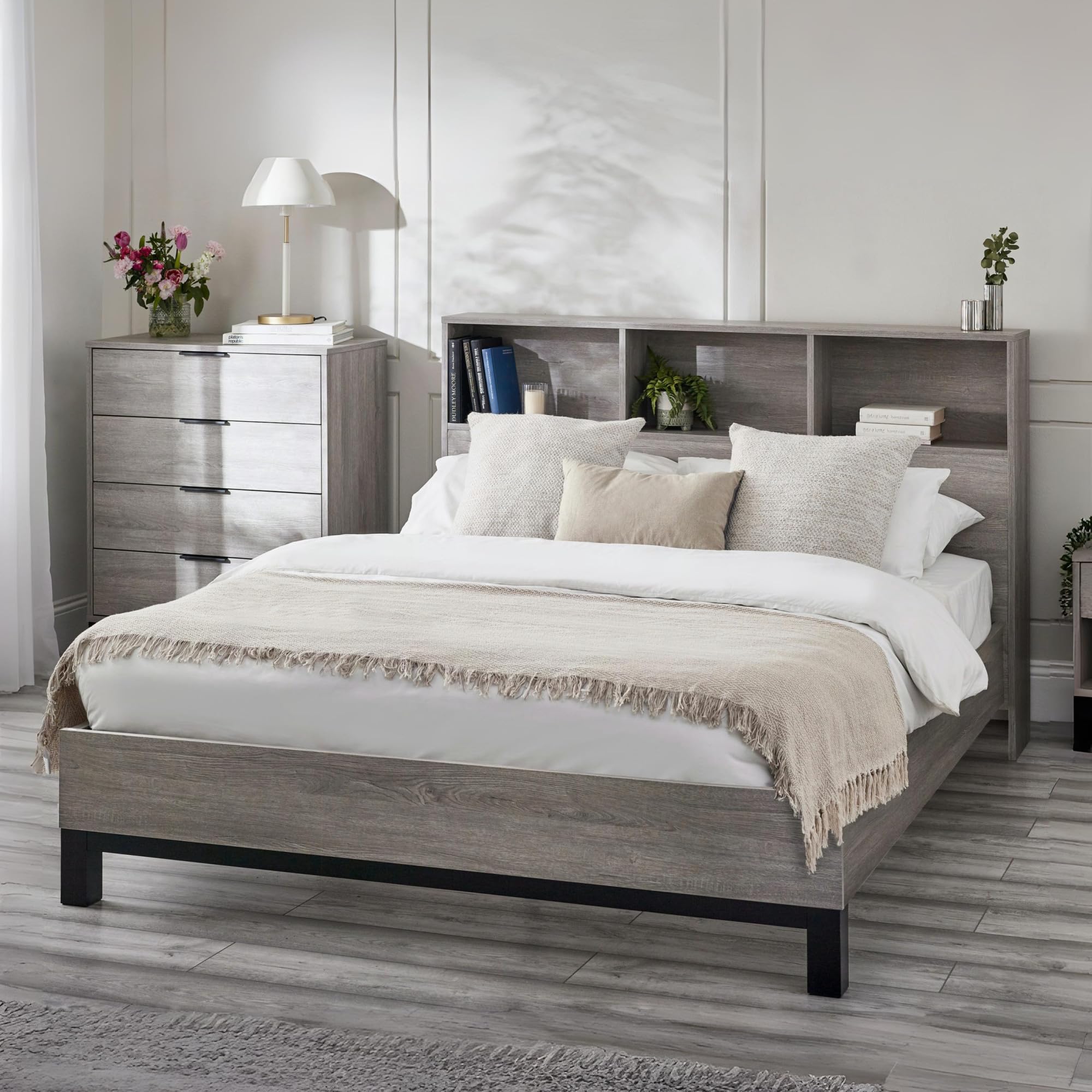 Julian Bowen Bali Bookcase Headboard Bed 150Cm - Grey Oak