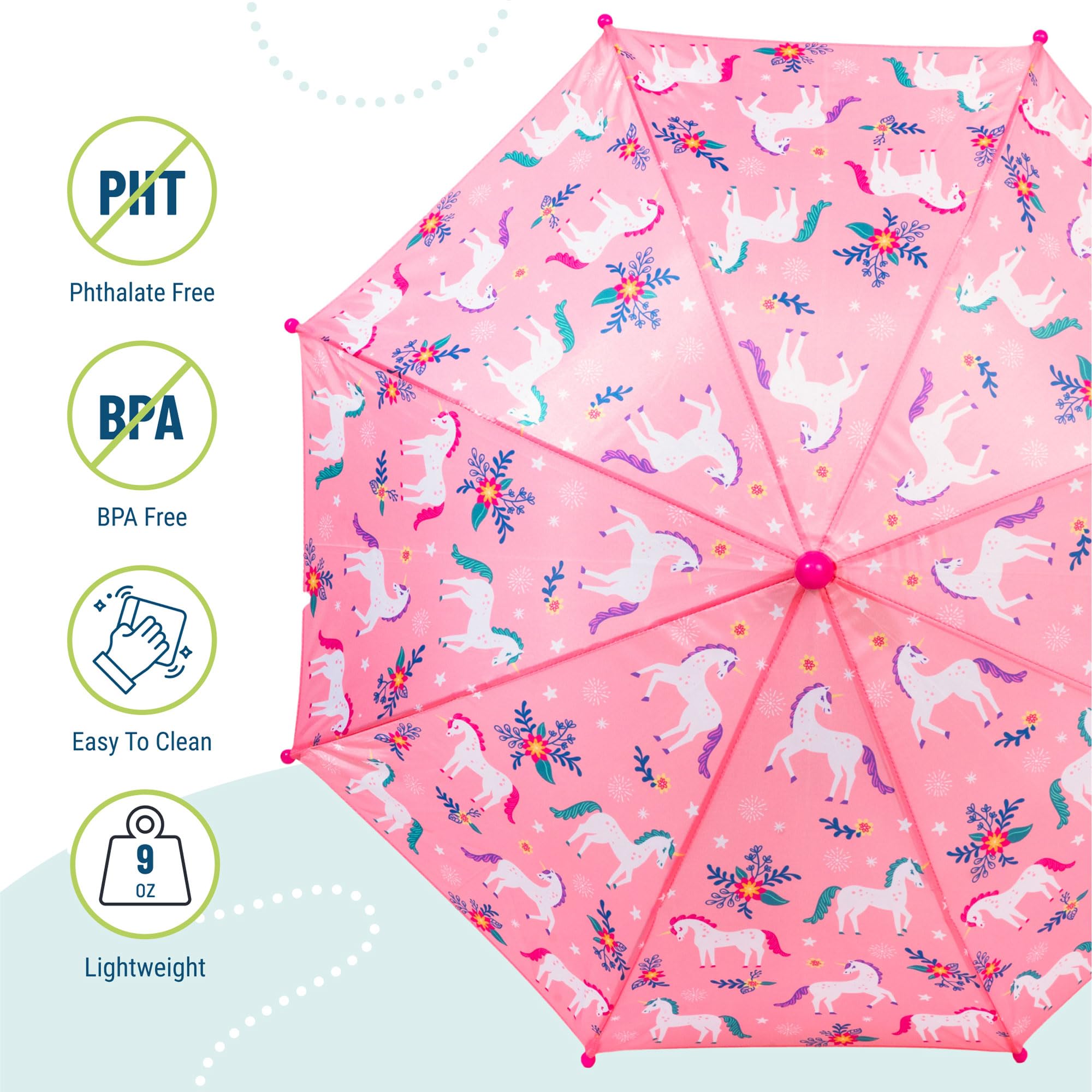 Wildkin - Paraguas infantil para niños y niñas con toldo de lluvia y mango curvado para colgar fácilmente, paraguas con cierre de gancho y anillo para niños (unicornios mágicos)