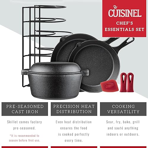 Miniatura 6 de Juego de 5 utensilios de cocina de hierro fundido, sartén de 10 pulgadas + 12 pulgadas + horno holandés de 5 cuartos + organizador de bandeja +