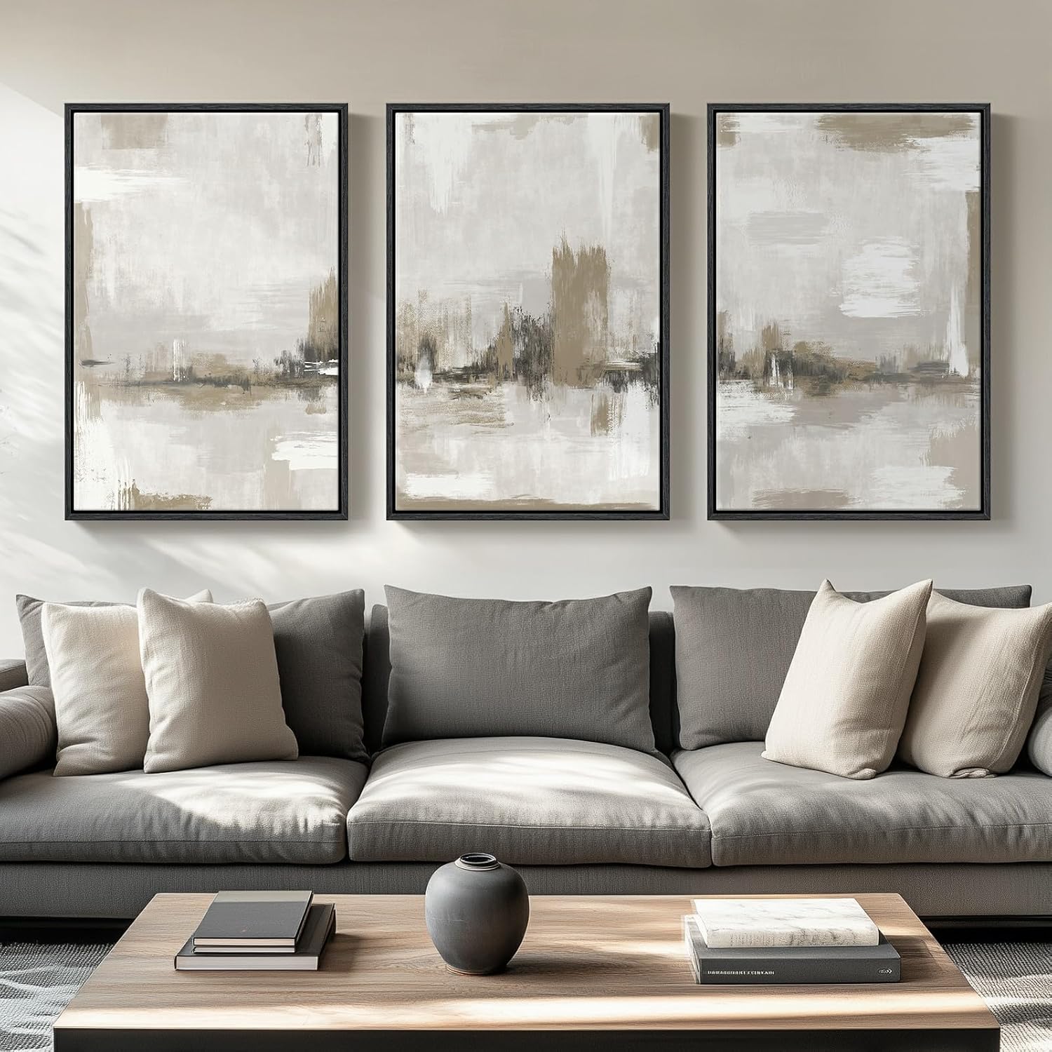 Framed Neutral Brown Abstract Wall Art for Living Room, Large 3 Piece Modern Black and White Artwork, Minimalist Canvas Painting Prints for Dining Room Hallway Home Office Wall Decor, 24x36 Inch 36" H x 72" W Brown White Abstract