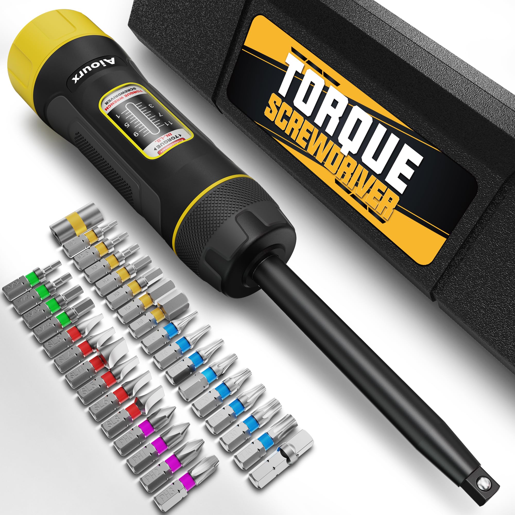 Aiourx Long Shank Torque Screwdriver Set, 1-11 Inch Pounds lbs, 1 in-lb Increment, 32 Pcs 1/4" Drive Torque Screwdriver Wrench with S2 Steel Bits for