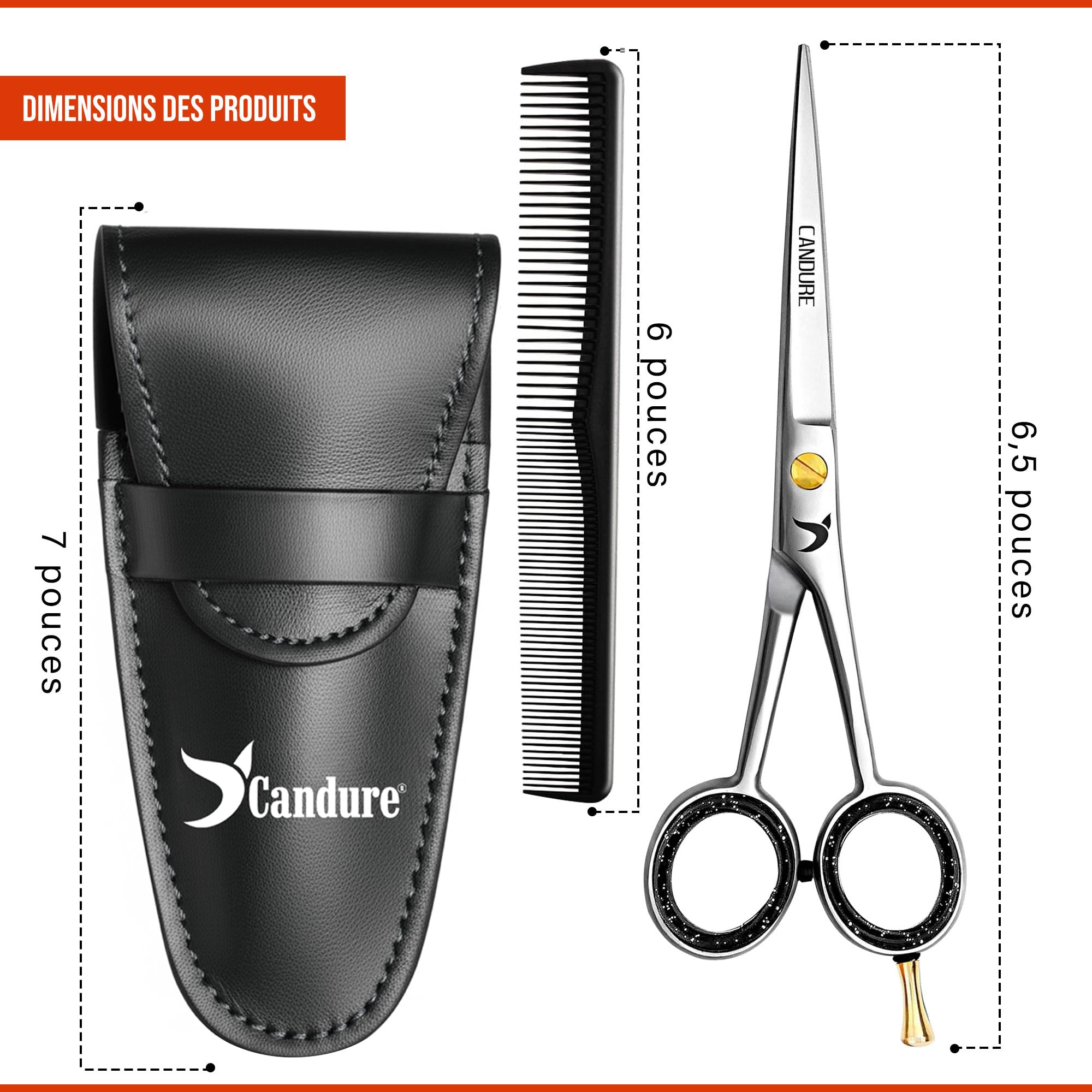 Ciseaux de coiffure professionnels Candure 6,5", ciseaux de coiffure de salon avec peigne et étui, kit de ciseaux de coiffure en acier inoxydable pour hommes et femmes (argent et or)