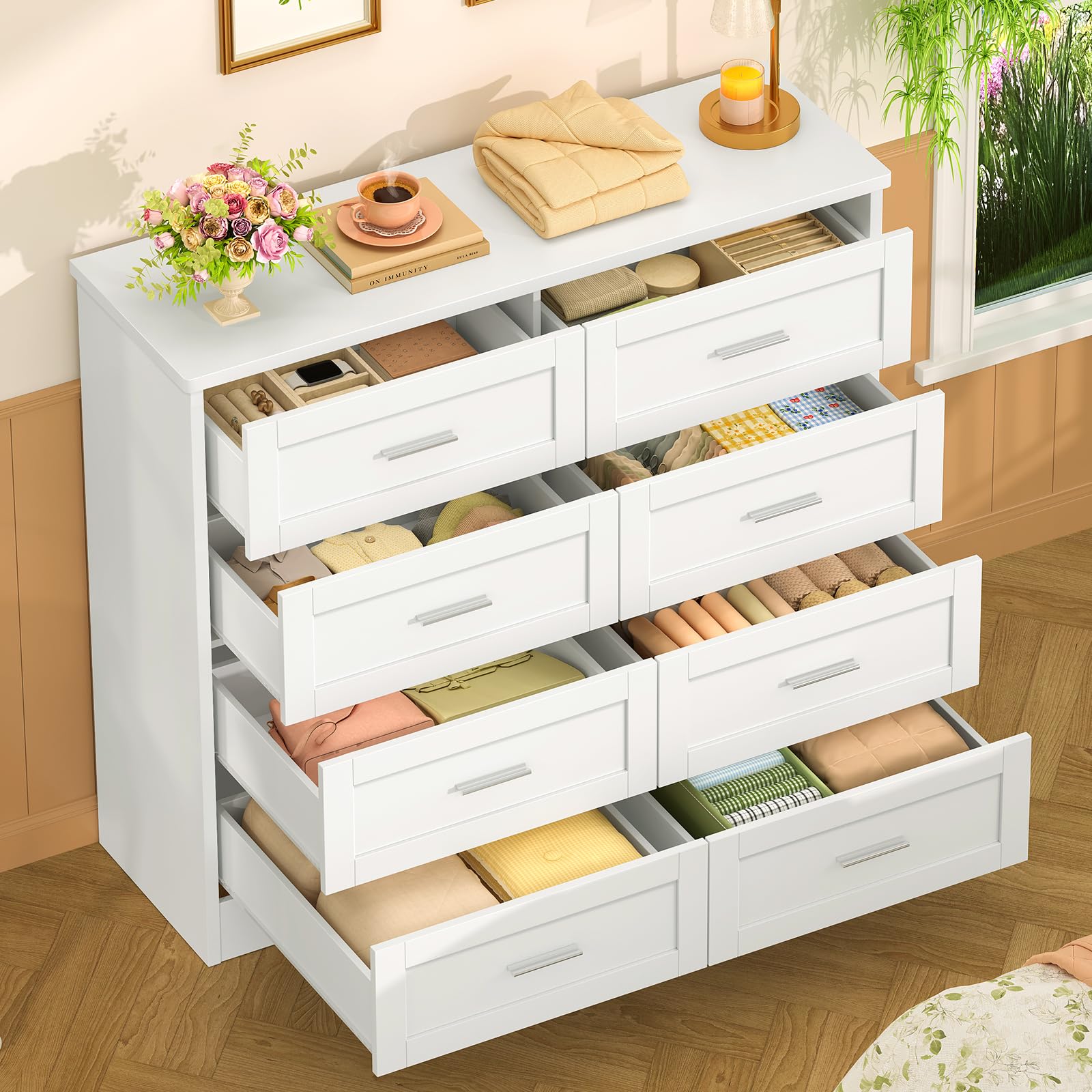 TEENFON Cassettiera Camera da Letto, Settimino con 8 Cassetti - Comò Bianco Moderno e Salvaspazio, Ideale per Soggiorno e Ingresso, 107x35x96.5 cm
