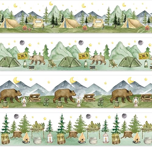 Whaline Tablón de anuncios de 69 pies para campamento, senderismo, bordes de Navidad, acuarela, tienda de campaña, fogata, oso marrón, decoración de