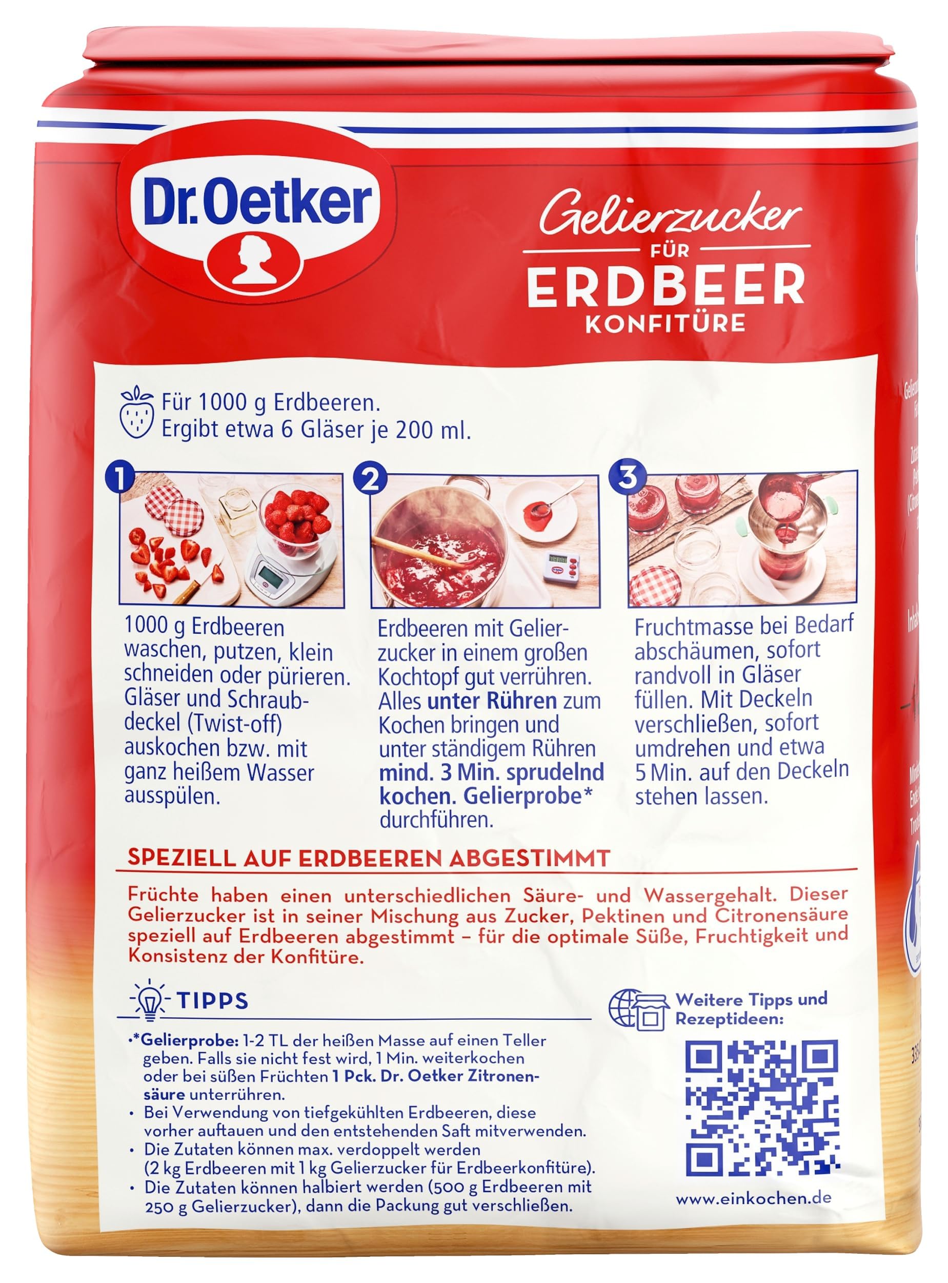 Dr. Oetker Gelierzucker für Erdbeer-Konfitüre 10er Pack, fertiger Gelierzucker, zum Selbermachen von Erdbeer-Marmeladen, Konfitüren und Gelees, speziell auf Erdbeeren abgestimmt, 10 x 500 g